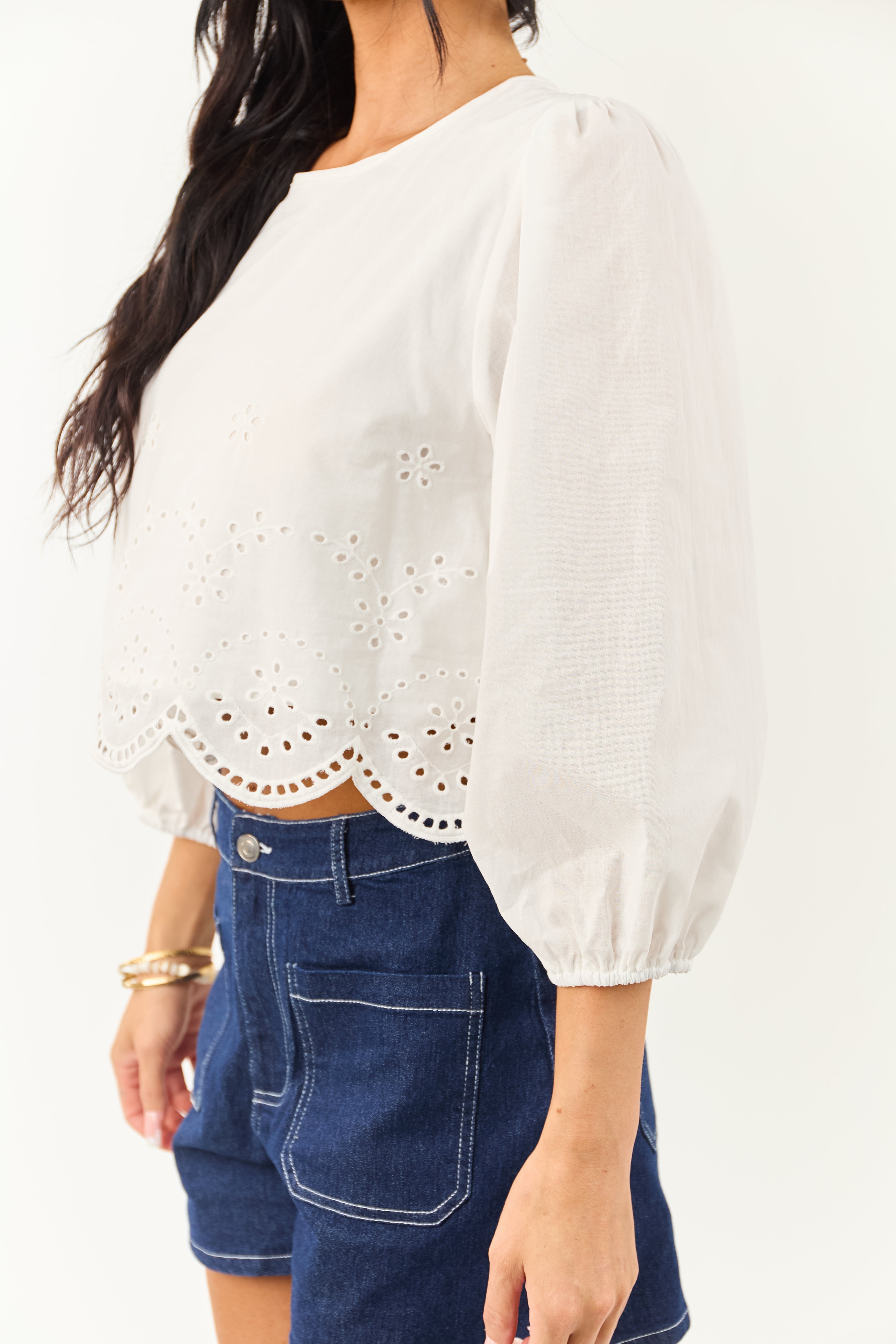 Off White Eyelet Long Sleeve Cotton Crop Top