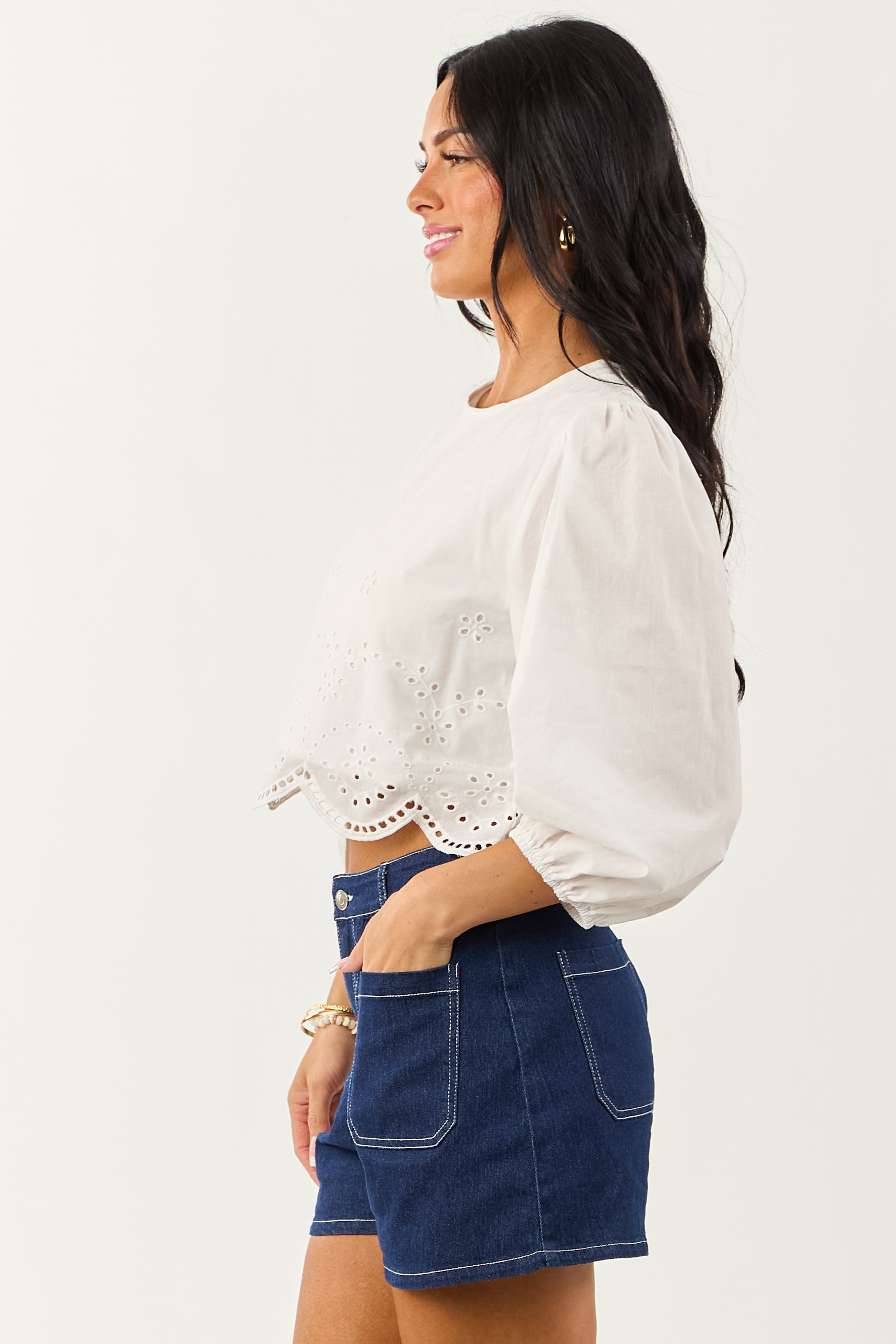 Off White Eyelet Long Sleeve Cotton Crop Top