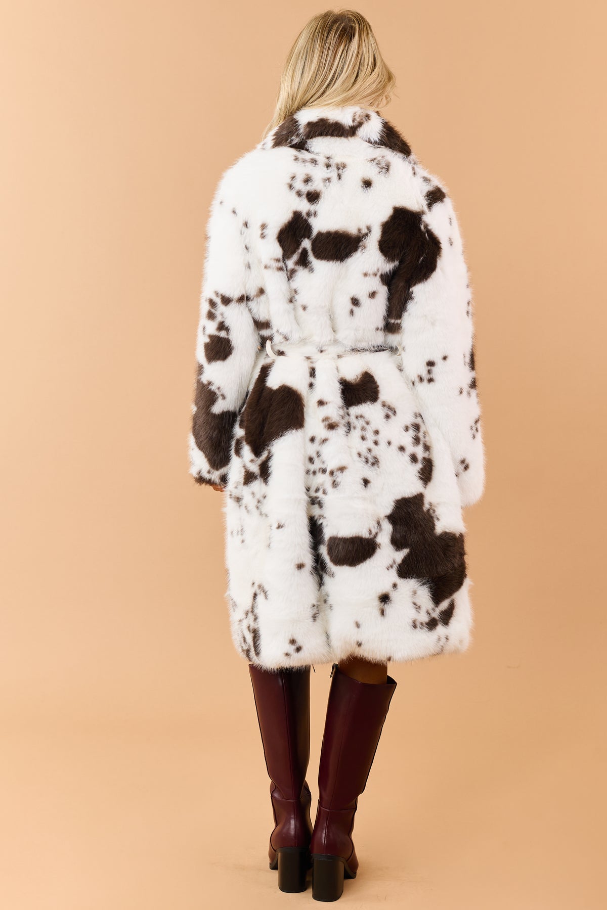 Off White Faux Fur Cow Print Trench Coat