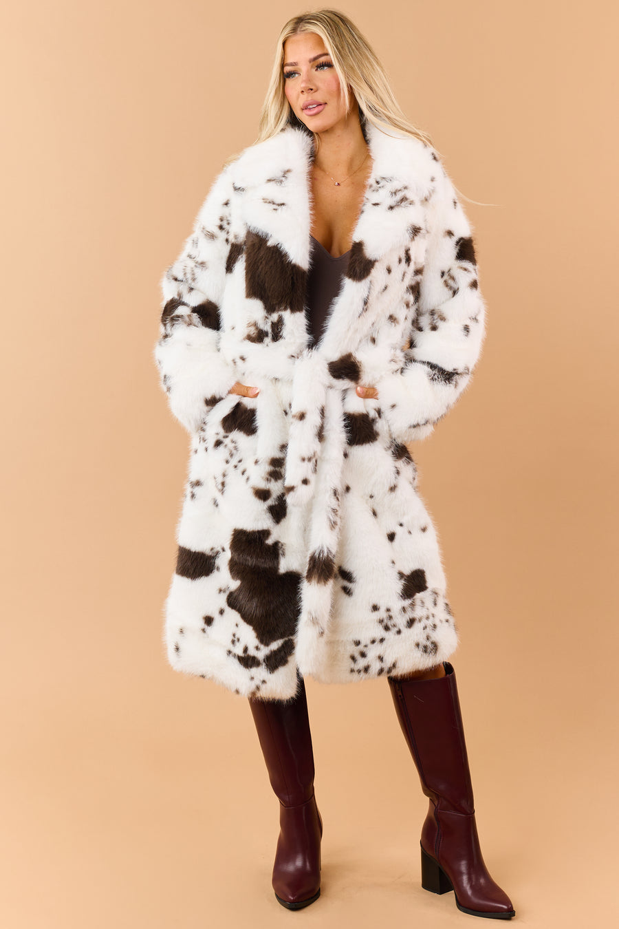 Off White Faux Fur Cow Print Trench Coat