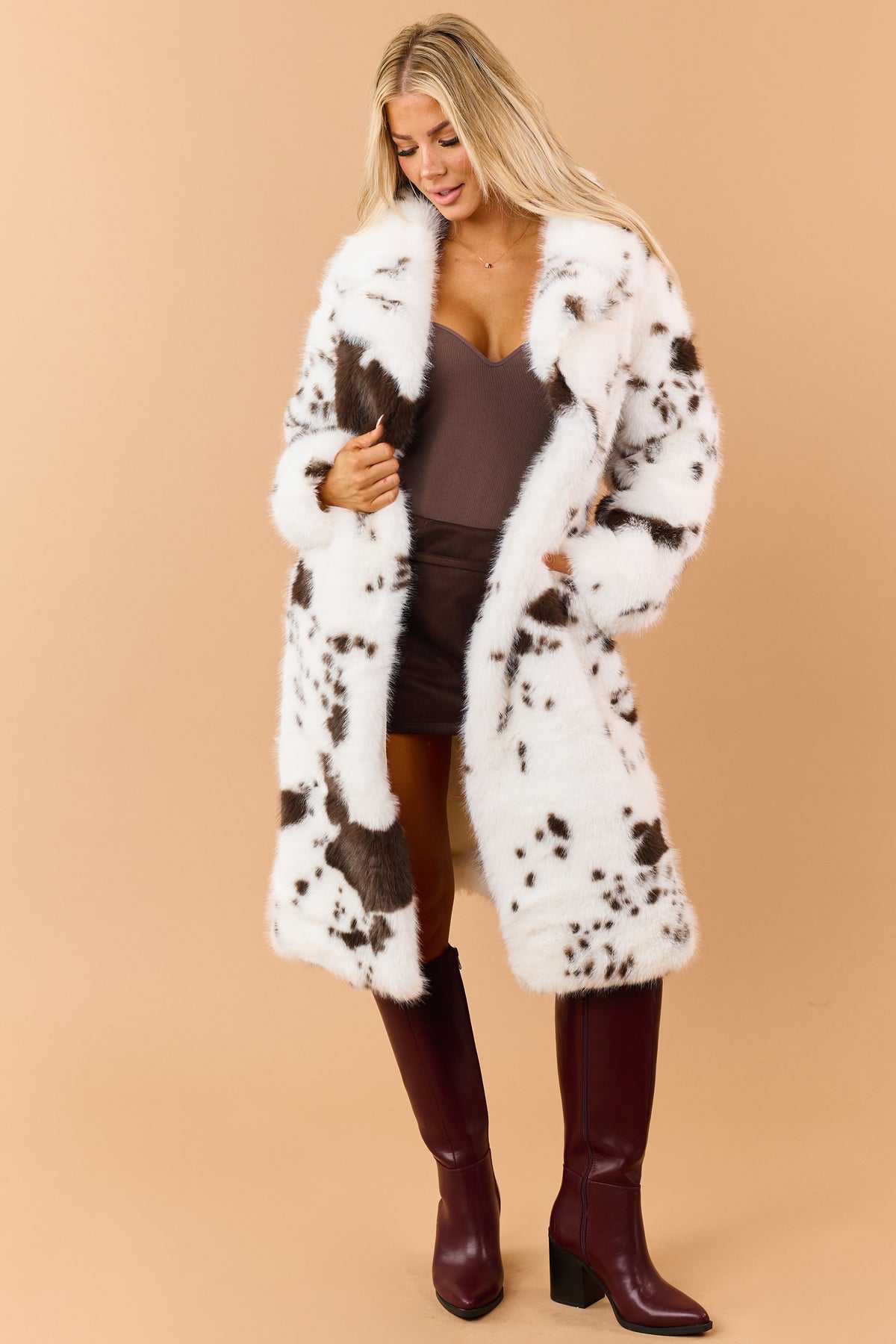 Off White Faux Fur Cow Print Trench Coat
