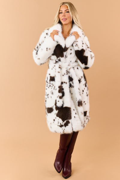 Off White Faux Fur Cow Print Trench Coat