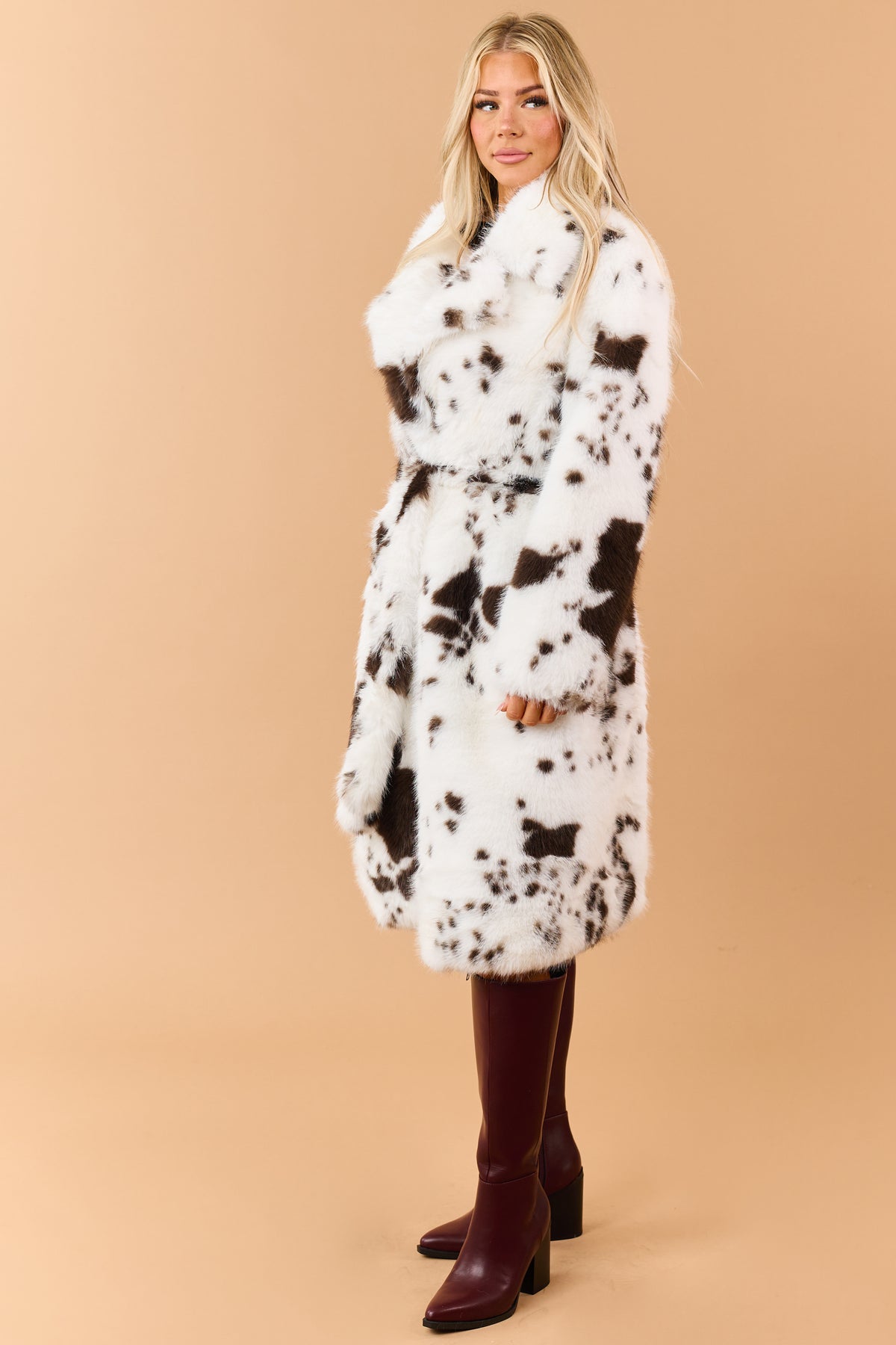 Off White Faux Fur Cow Print Trench Coat