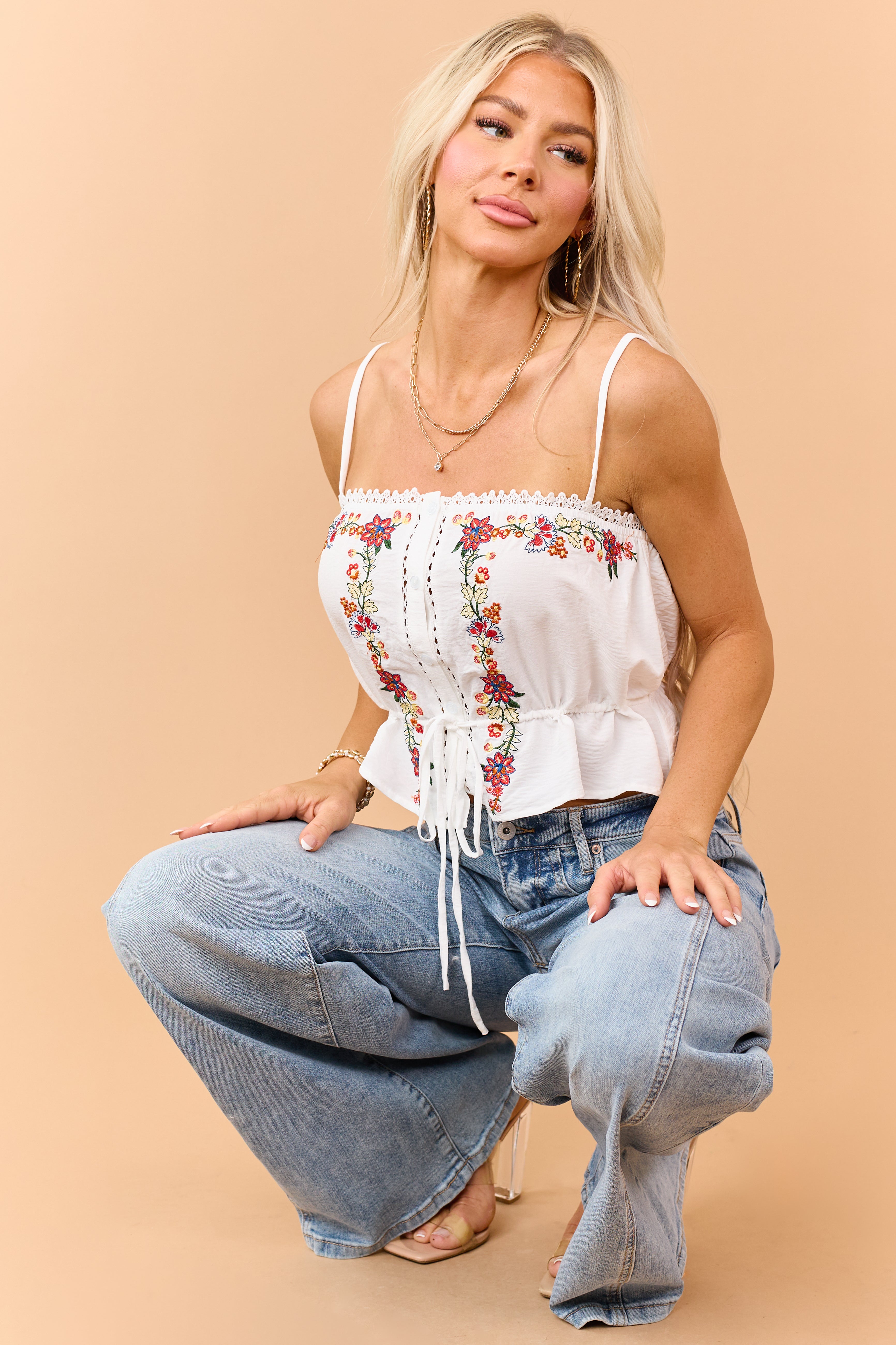 Off White Floral Embroidered Button Down Tank Top