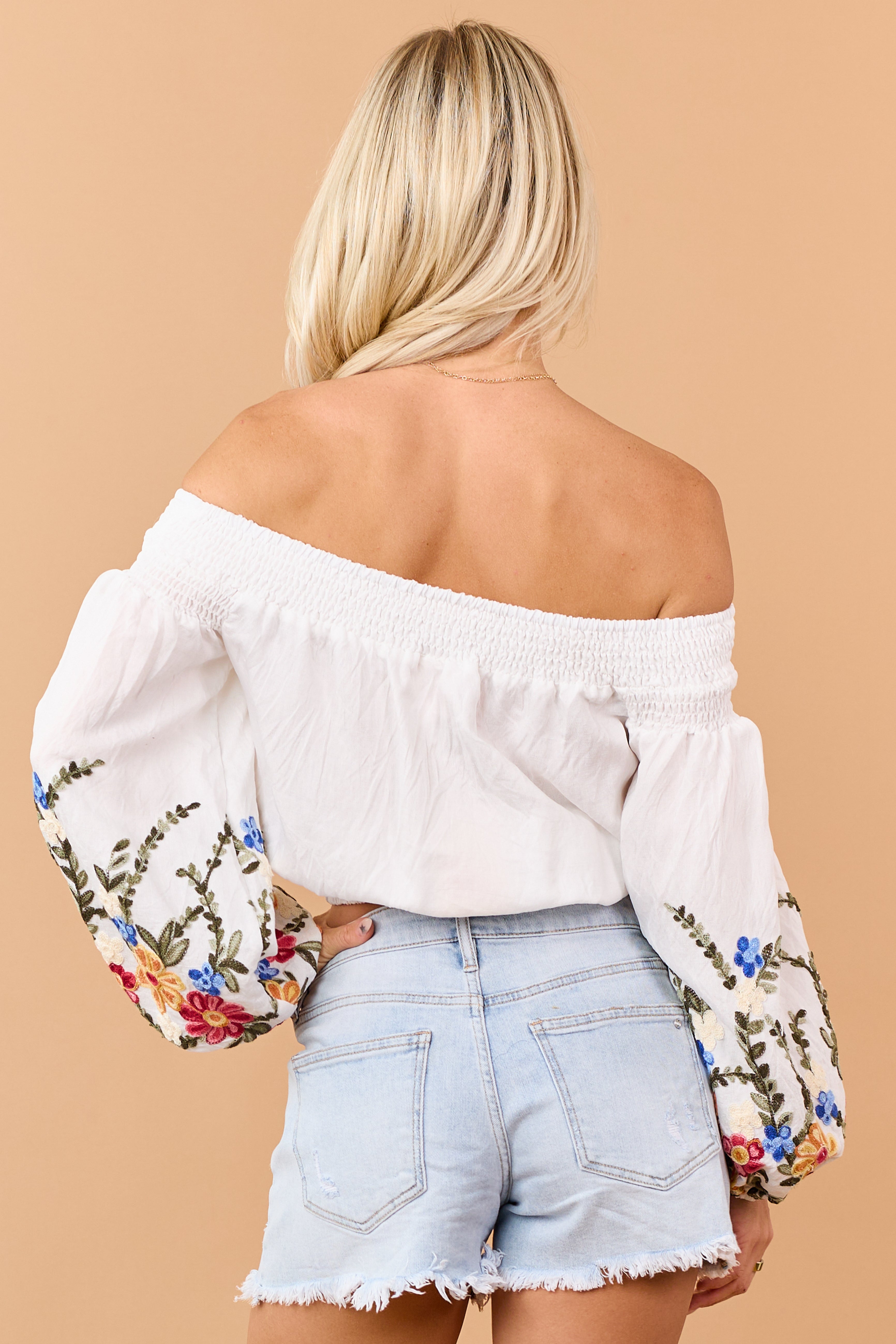 Off White Floral Embroidered Off the Shoulder Top