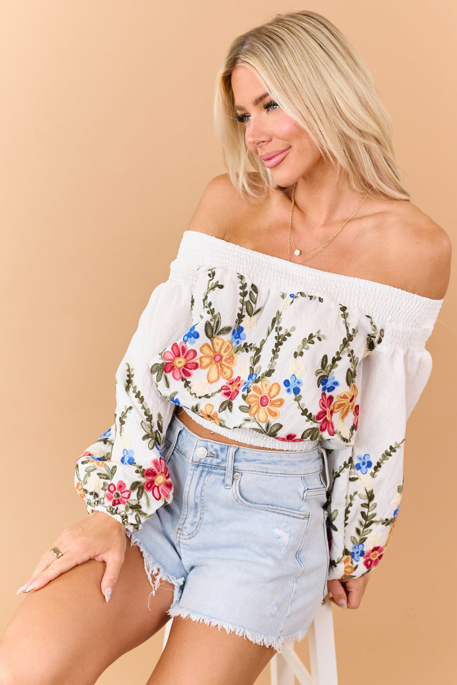 Off White Floral Embroidered Off the Shoulder Top