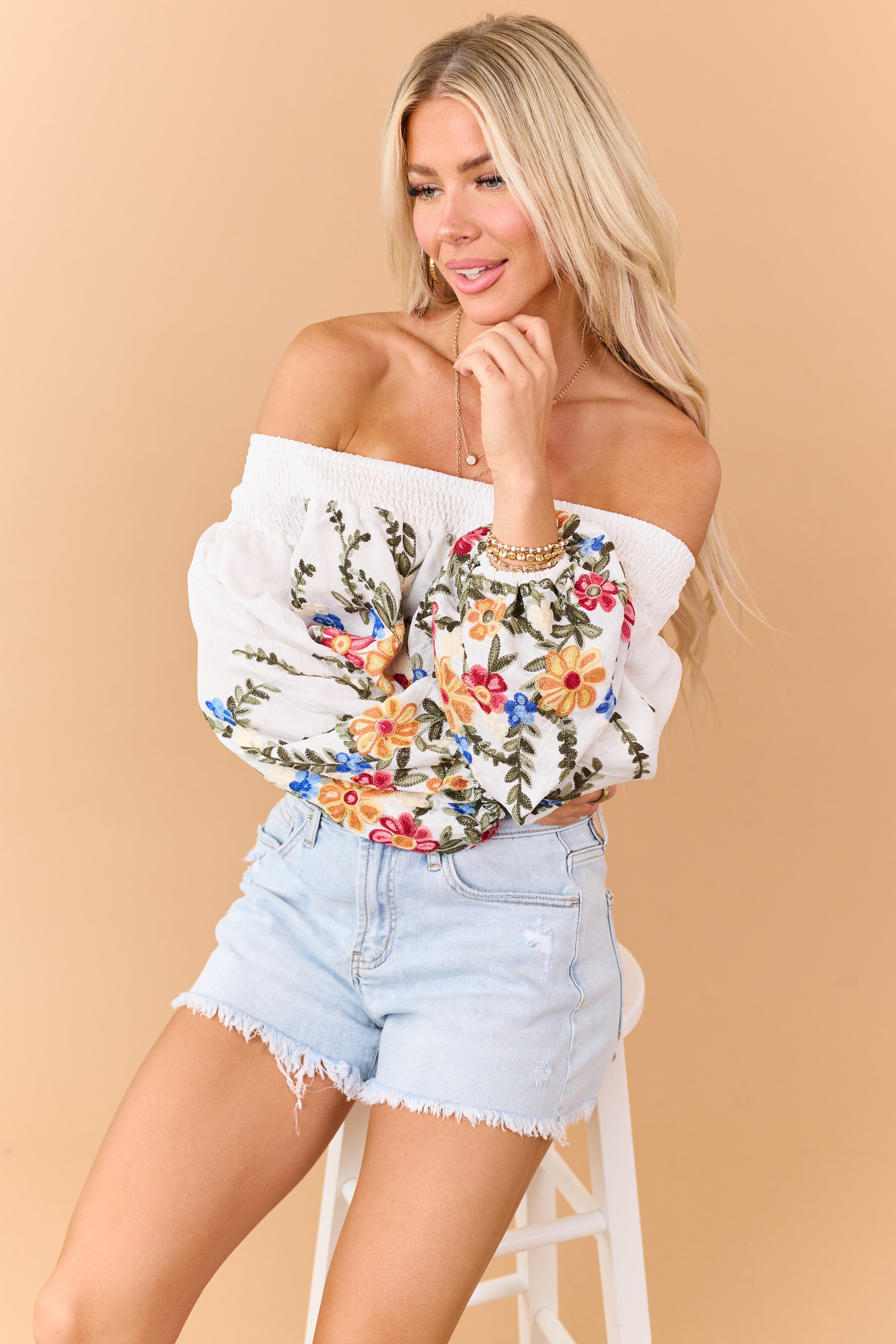 Off White Floral Embroidered Off the Shoulder Top