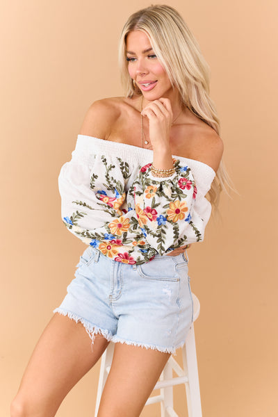 Off White Floral Embroidered Off the Shoulder Top