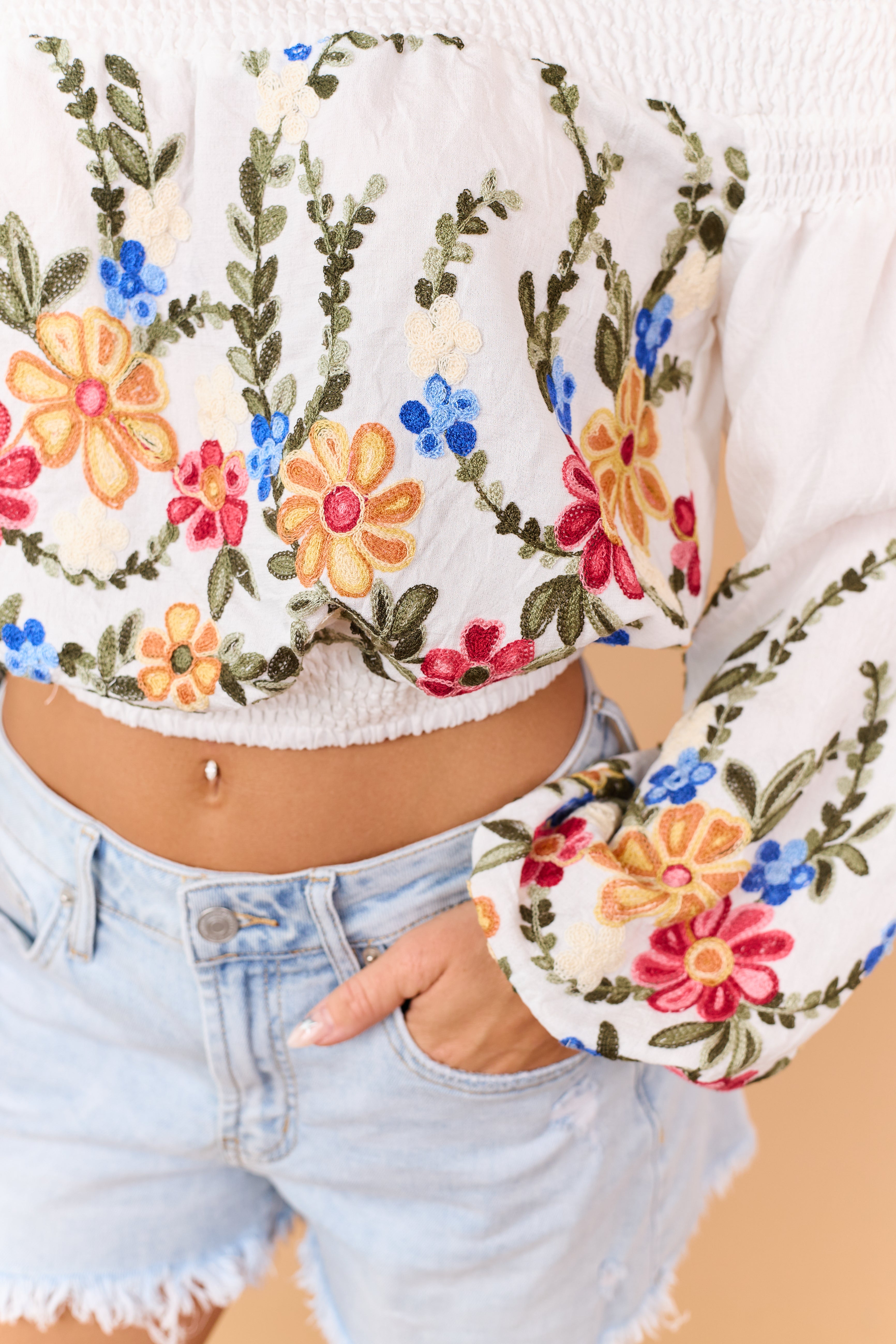 Off White Floral Embroidered Off the Shoulder Top | Lime Lush Boutique