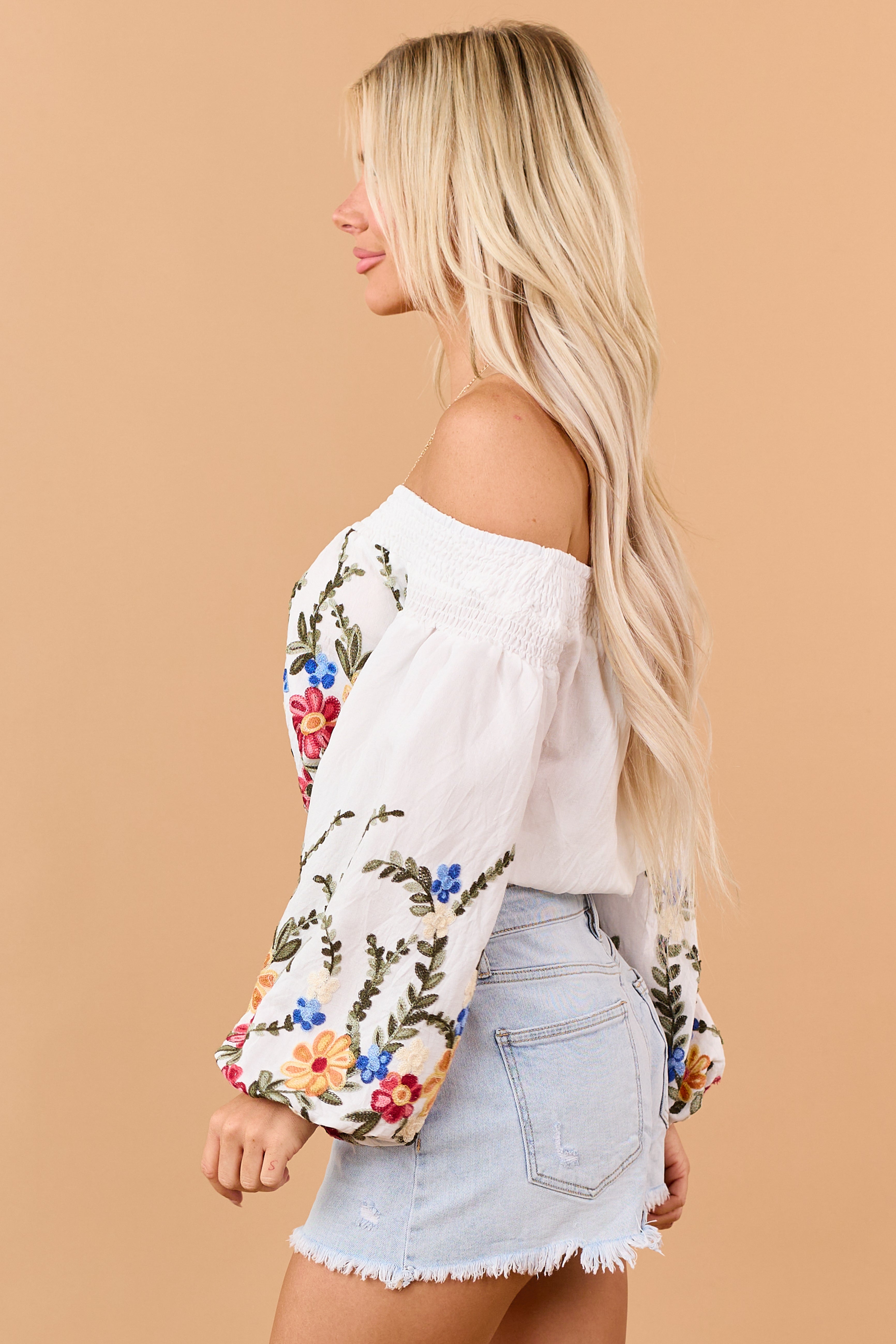 Off White Floral Embroidered Off the Shoulder Top | Lime Lush Boutique