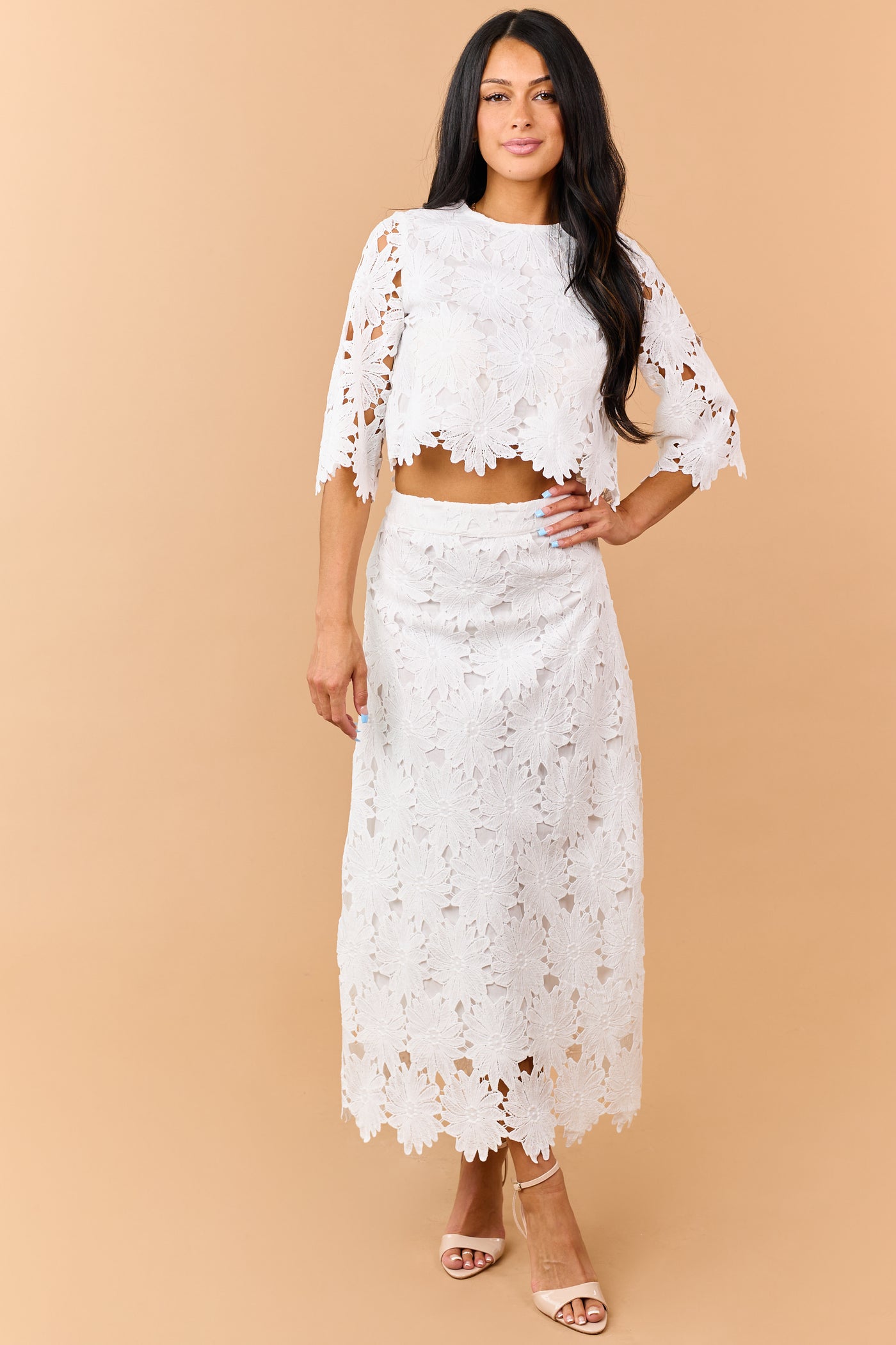Off White Floral Lace Scalloped Hem Maxi Skirt