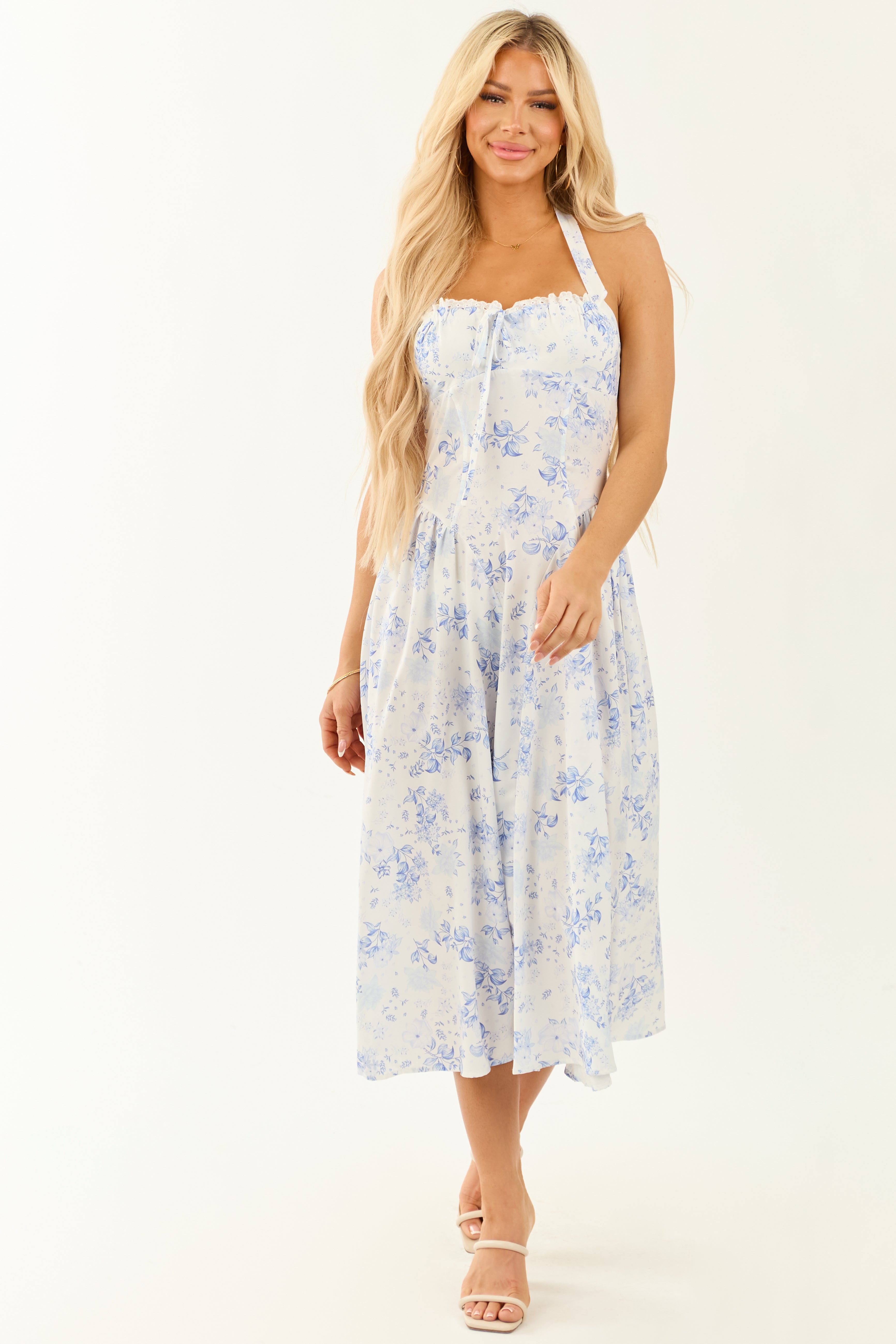 Off White Floral Print Halter Neck Midi Dress