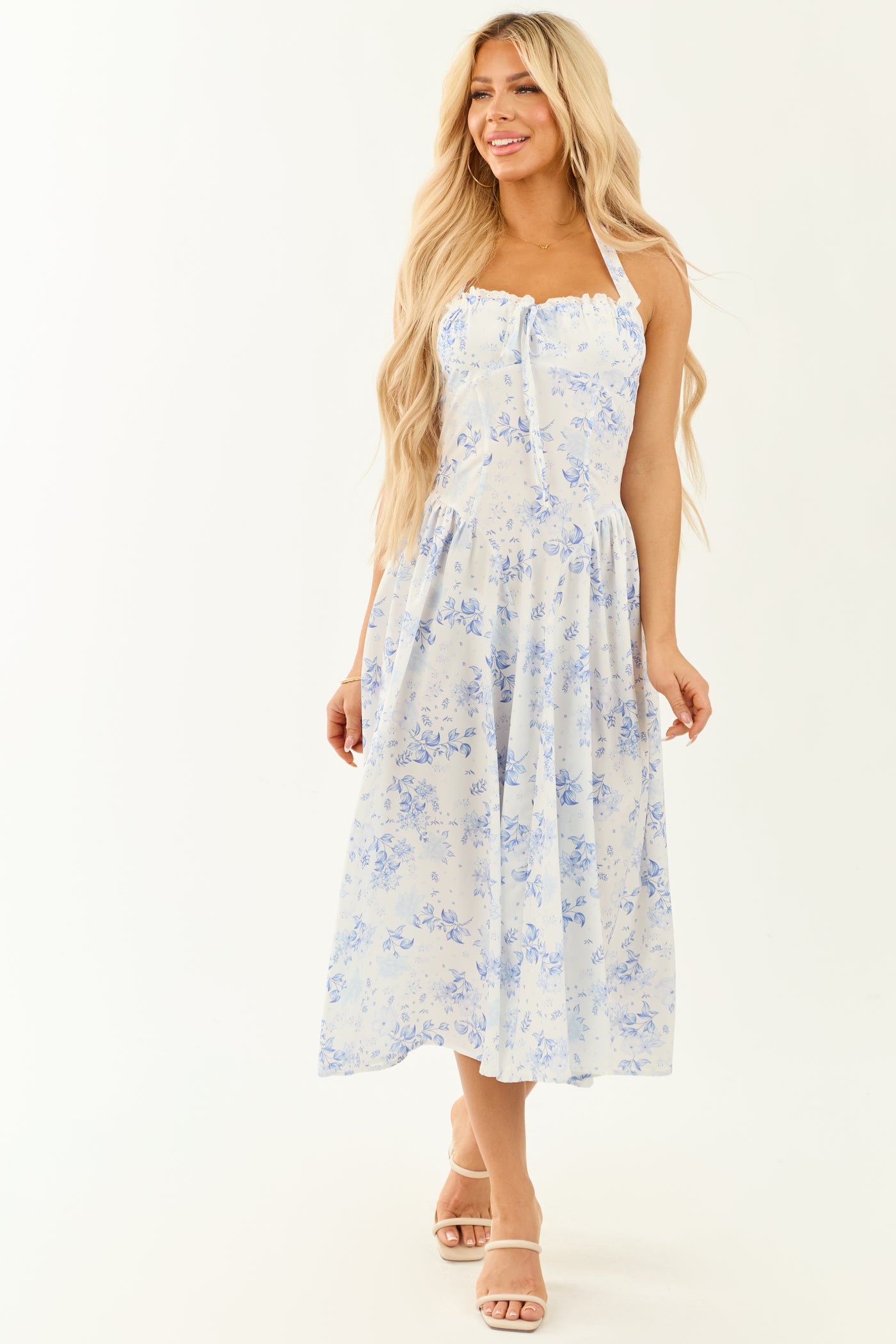 Off White Floral Print Halter Neck Midi Dress Off White Floral Print Halter Neck Midi Dress