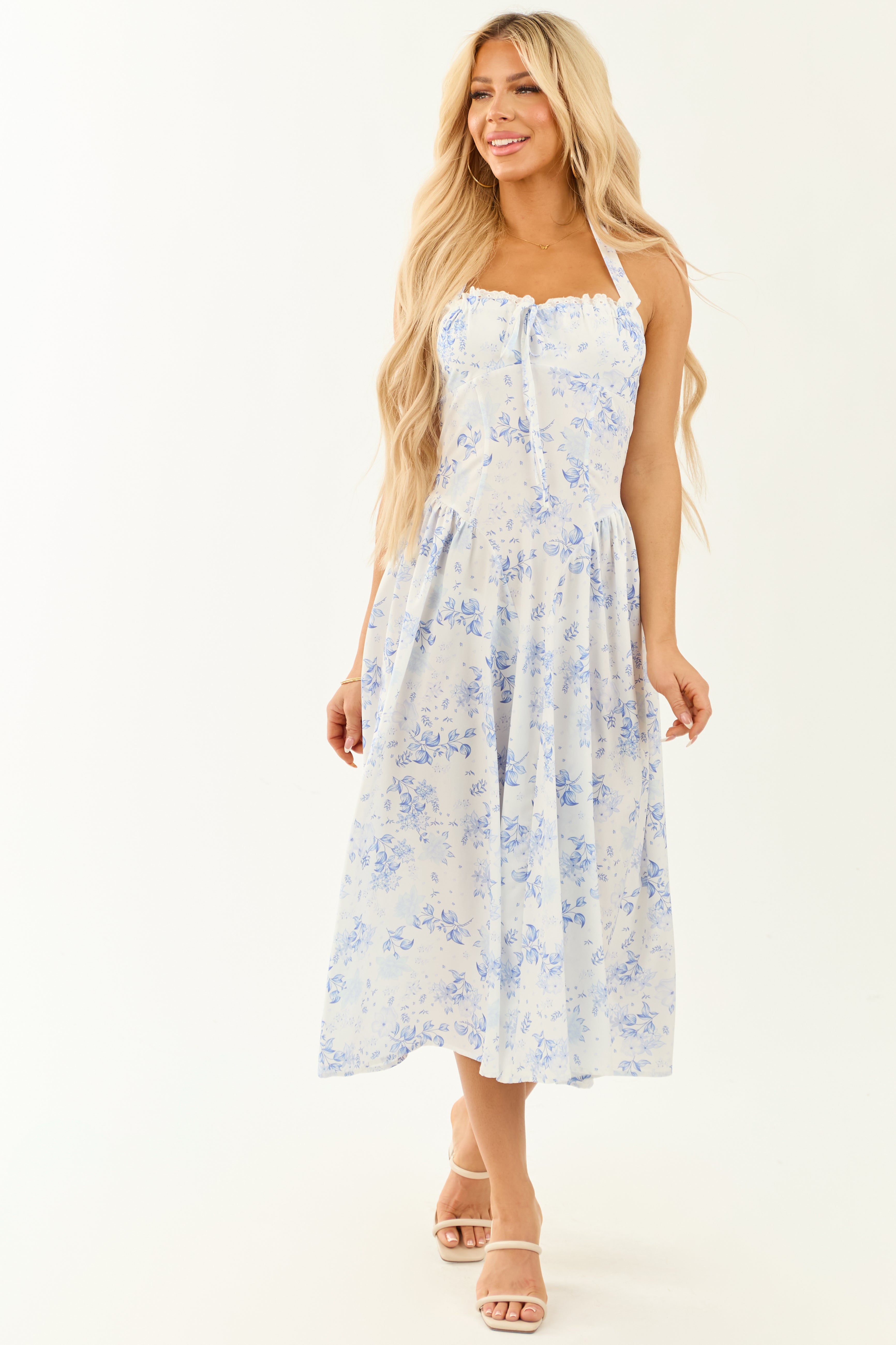 Off White Floral Print Halter Neck Midi Dress