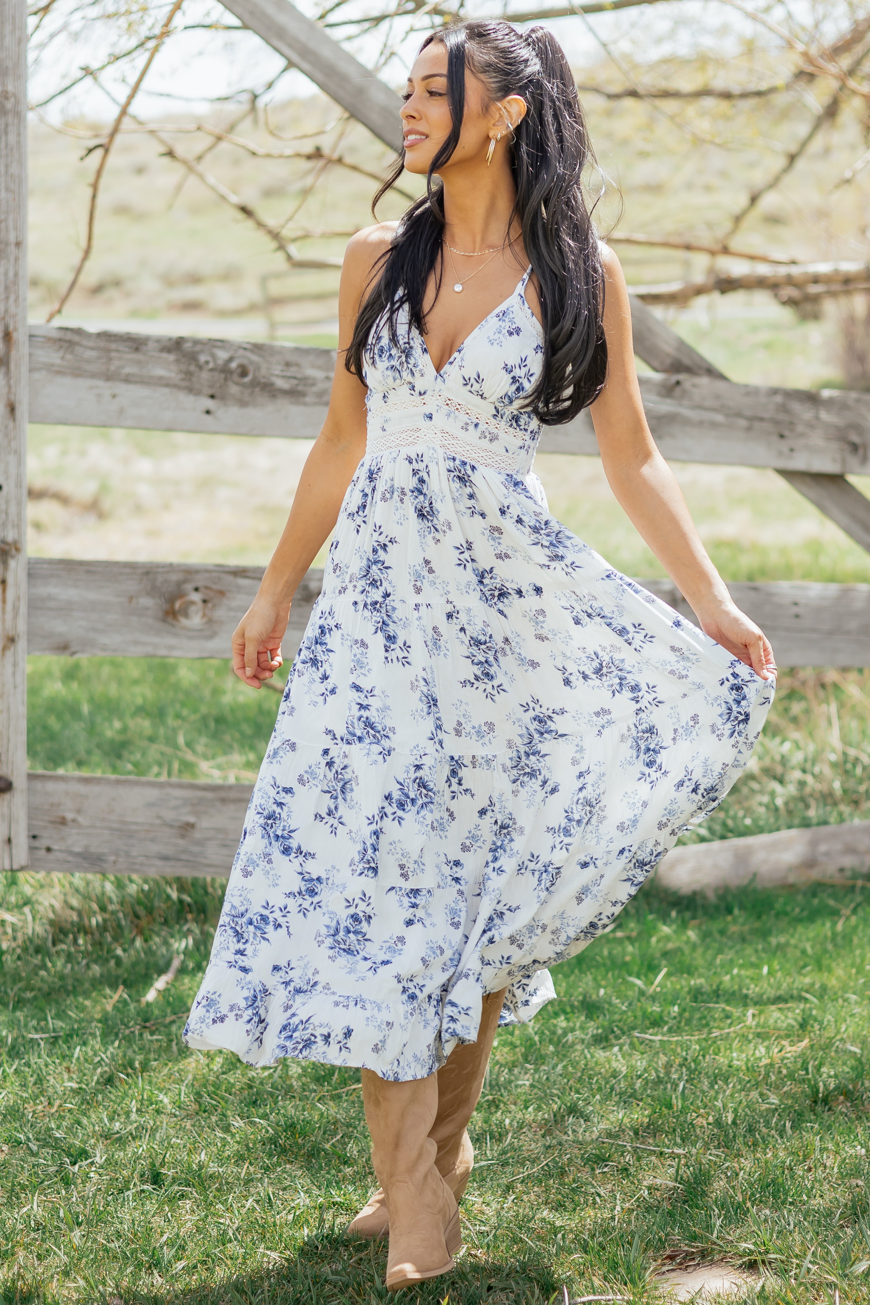 Off White Floral Print Lace Trim Maxi Dress Off White Floral Print Lace Trim Maxi Dress