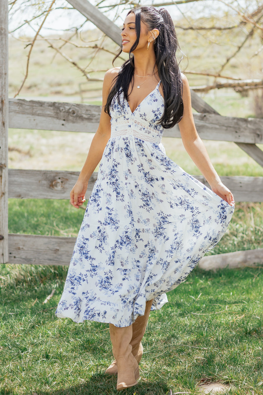 Off White Floral Print Lace Trim Maxi Dress