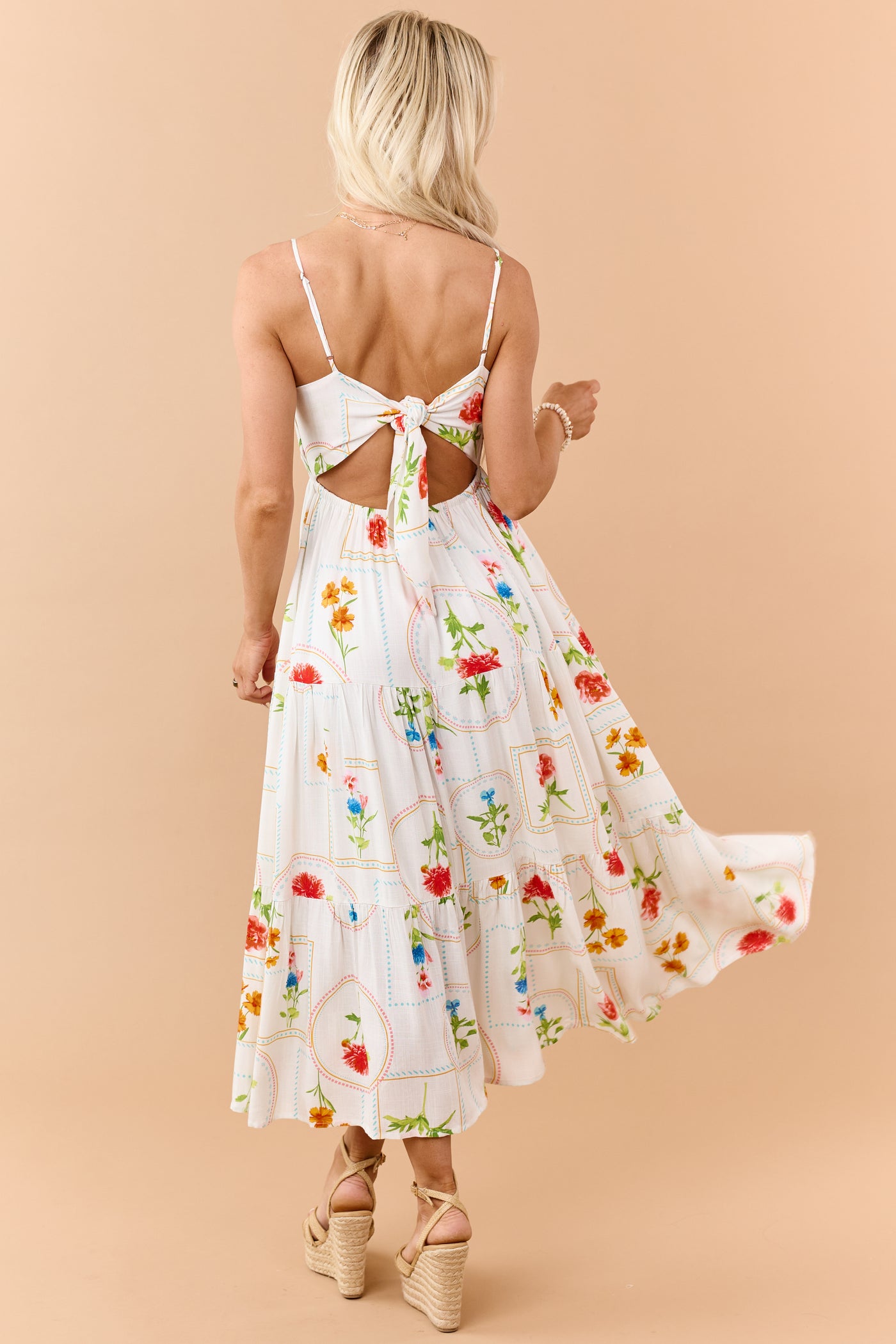 Off White Floral Print Open Back Maxi Dress