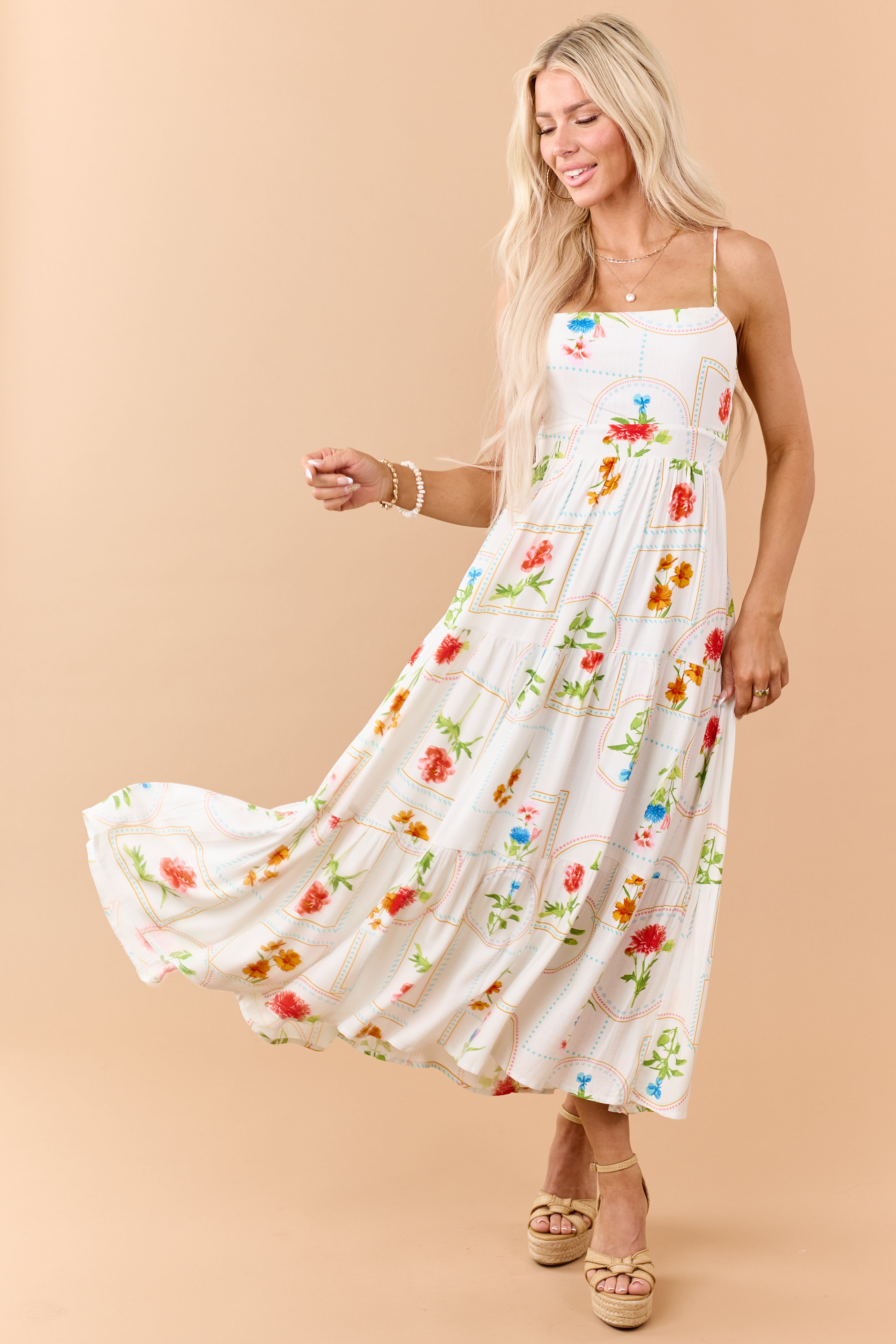 Off White Floral Print Open Back Maxi Dress