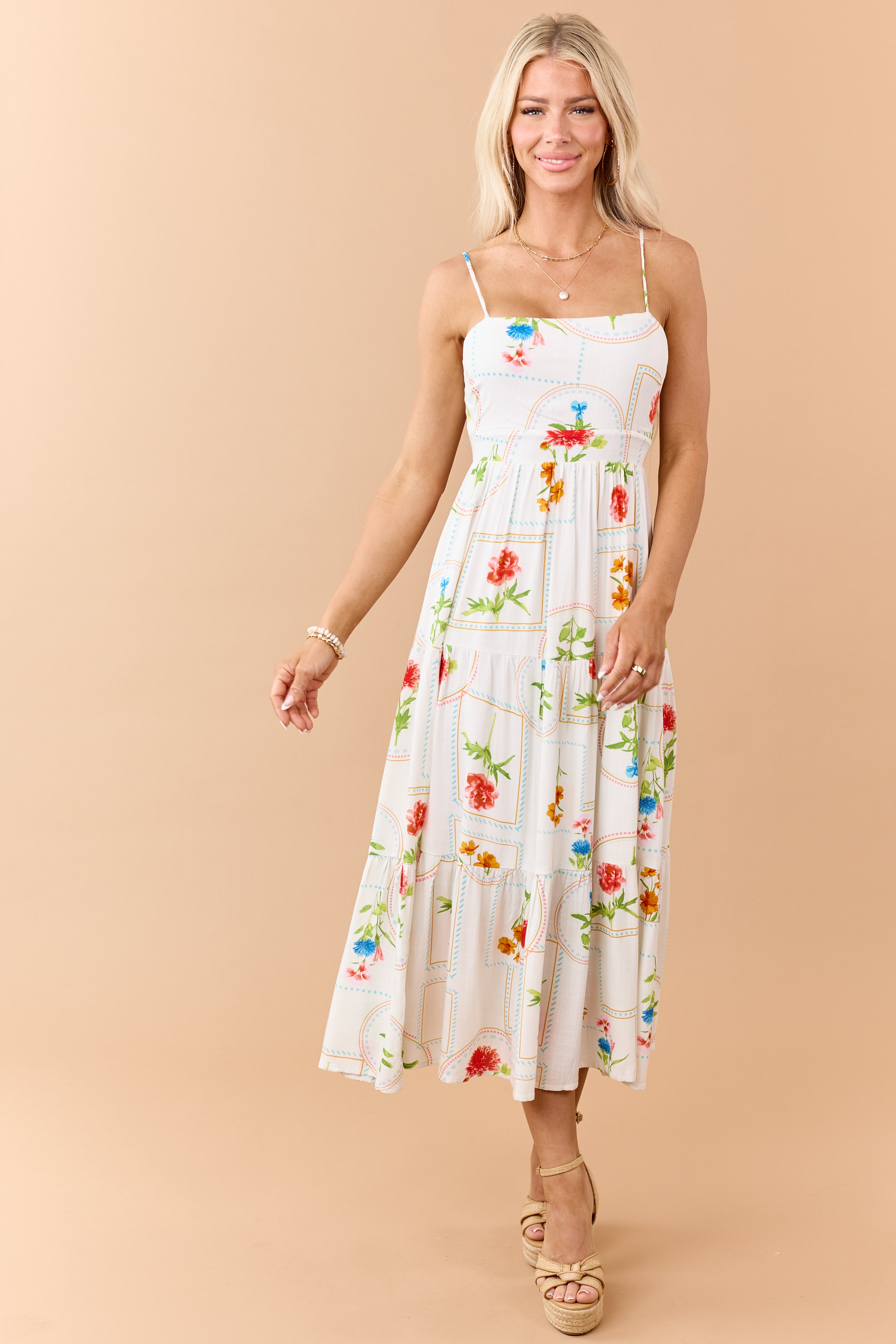 Off White Floral Print Open Back Maxi Dress