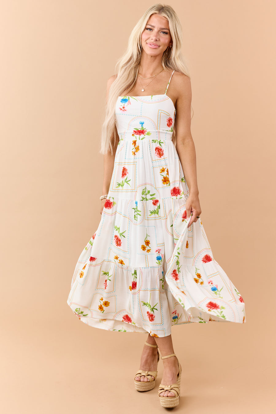 Off White Floral Print Open Back Maxi Dress