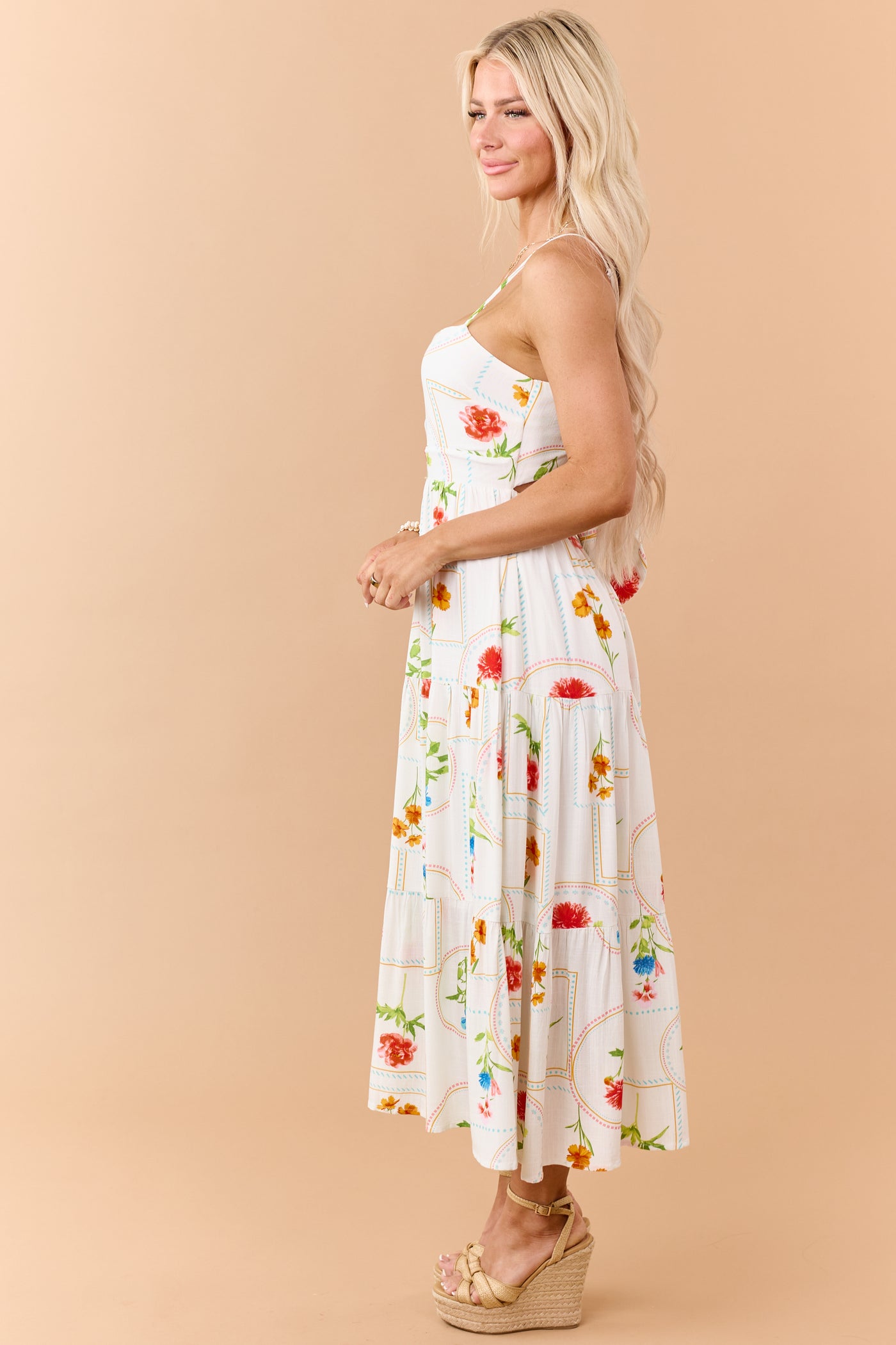 Off White Floral Print Open Back Maxi Dress