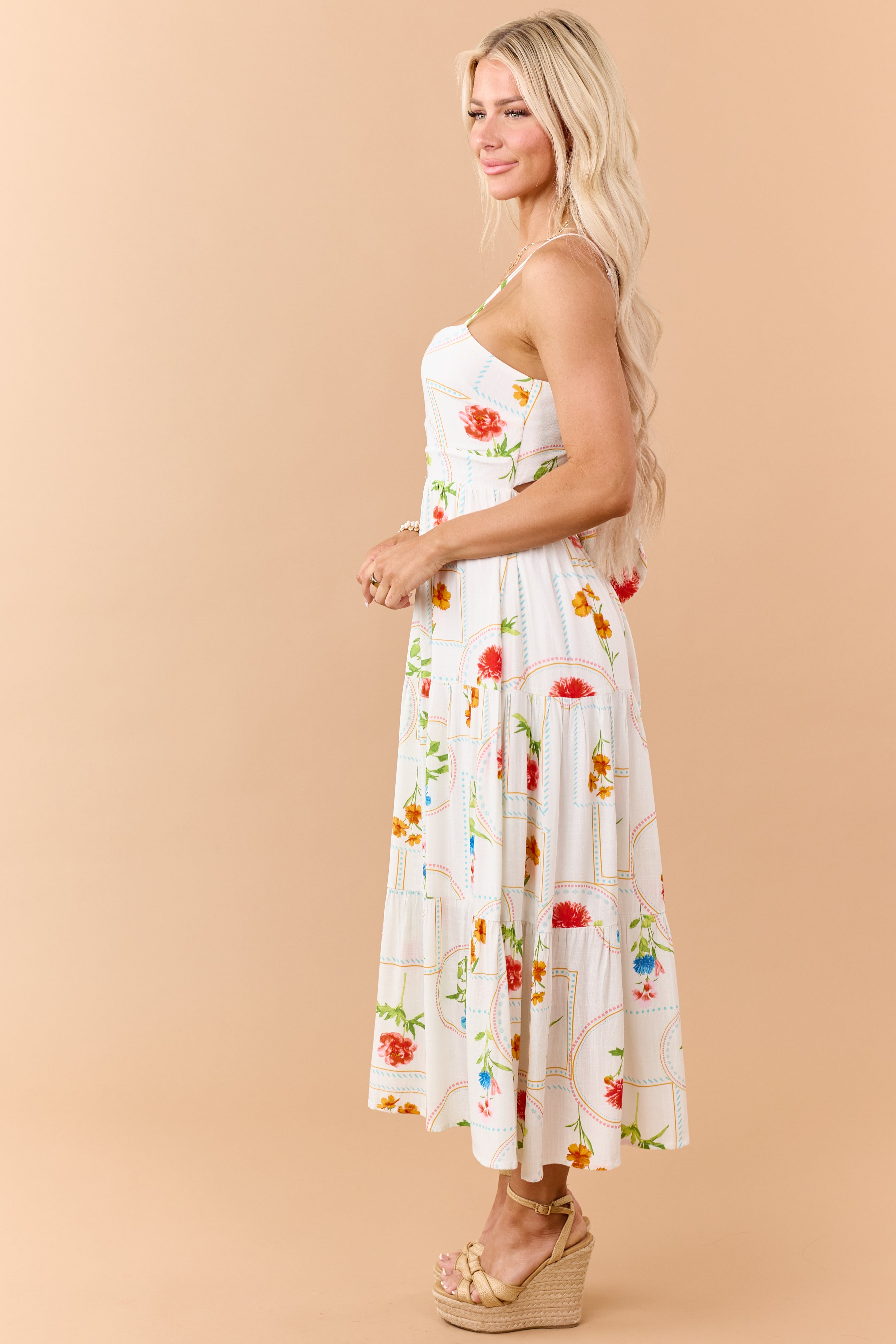 Off White Floral Print Open Back Maxi Dress
