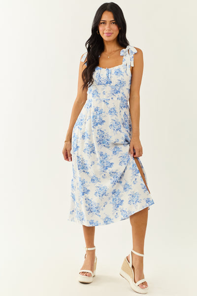 Off White Floral Print Scoop Neck Midi Dress