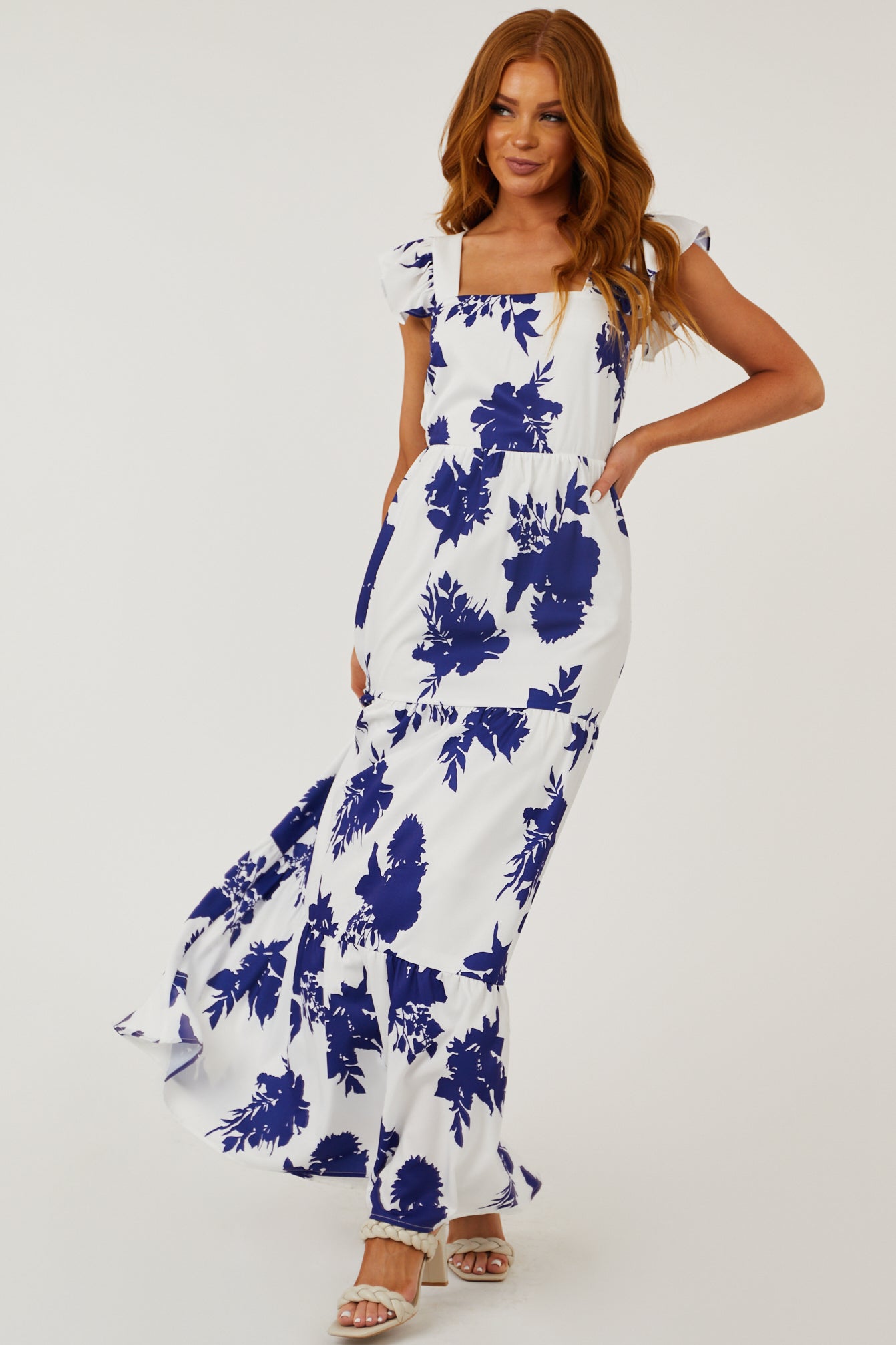 Off White Floral Ruffle Strap Tiered Maxi Dress | Lime Lush