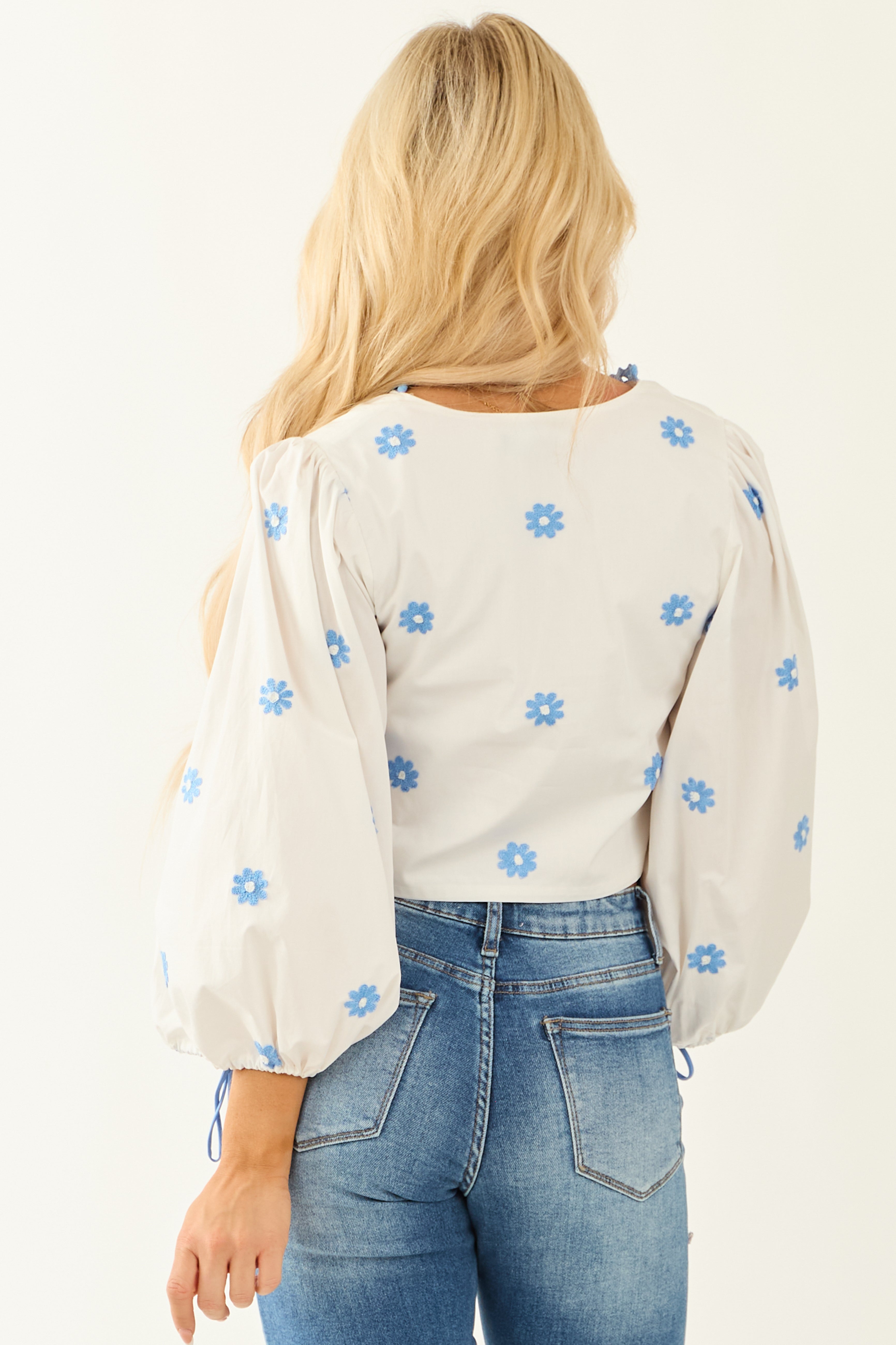 Off White Front Tie Long Sleeve Embroidered Blouse | Lime Lush