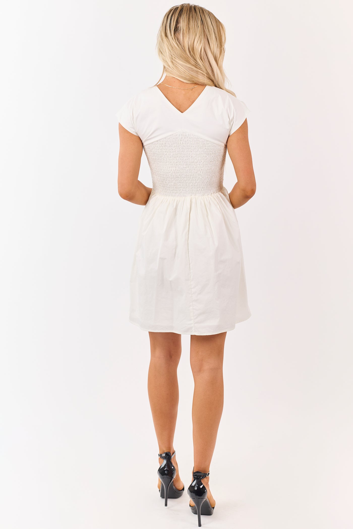 Off White Front Twist Smocked Cotton Mini Dress