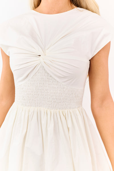 Off White Front Twist Smocked Cotton Mini Dress