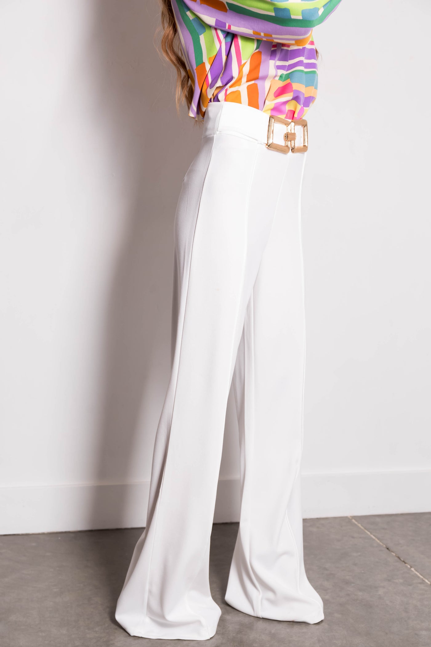 Off White Gold Buckle Wide Leg Pants