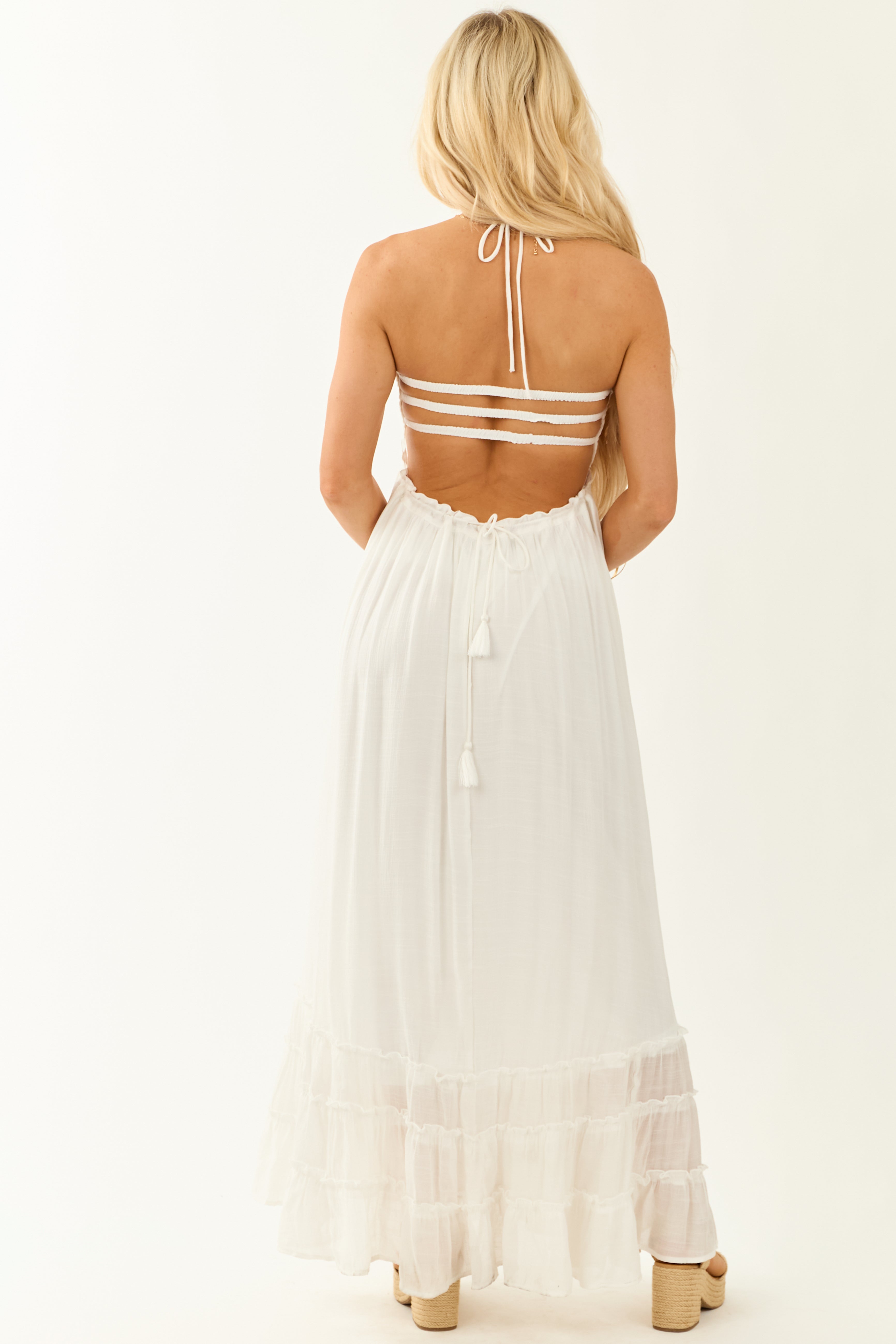 Off White Halter Neck Tiered Flowy Maxi Dress