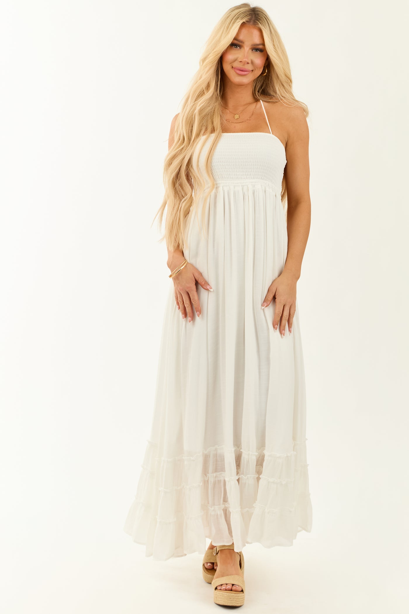 Off White Halter Neck Tiered Flowy Maxi Dress