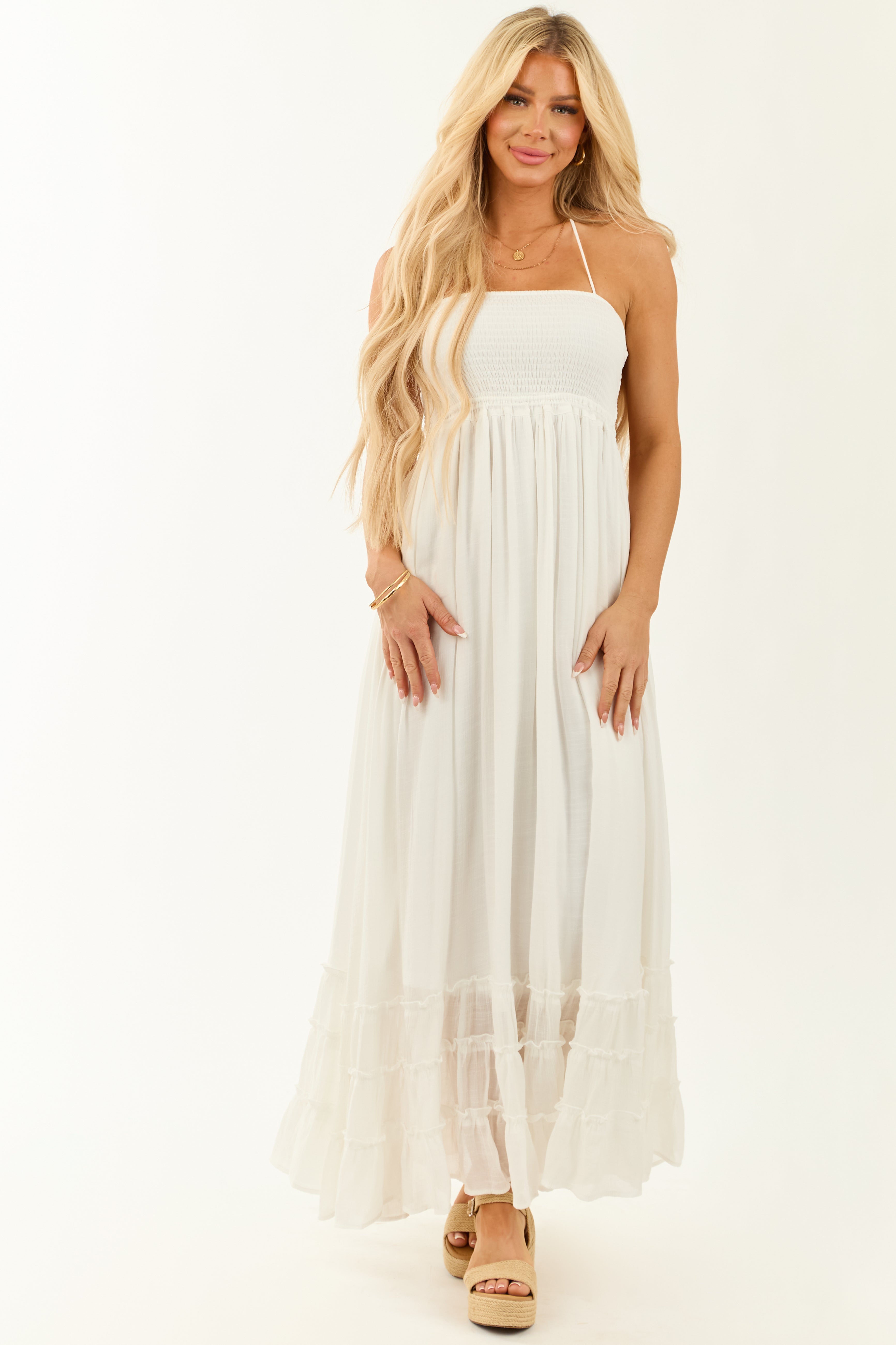 Off White Halter Neck Tiered Flowy Maxi Dress