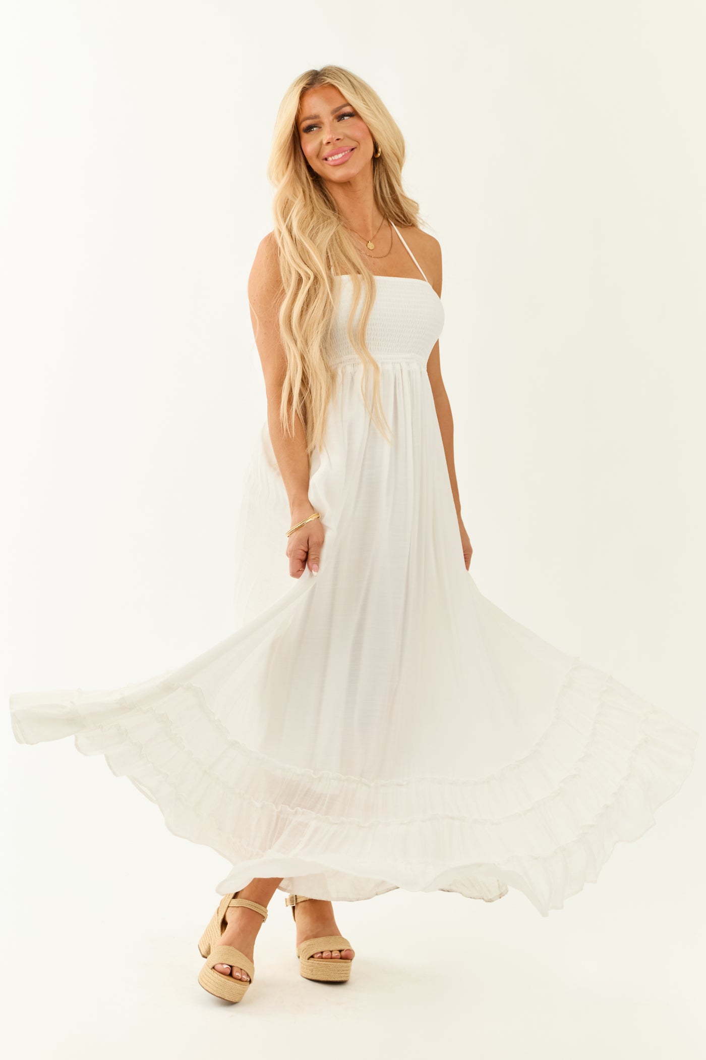 Off White Halter Neck Tiered Flowy Maxi Dress