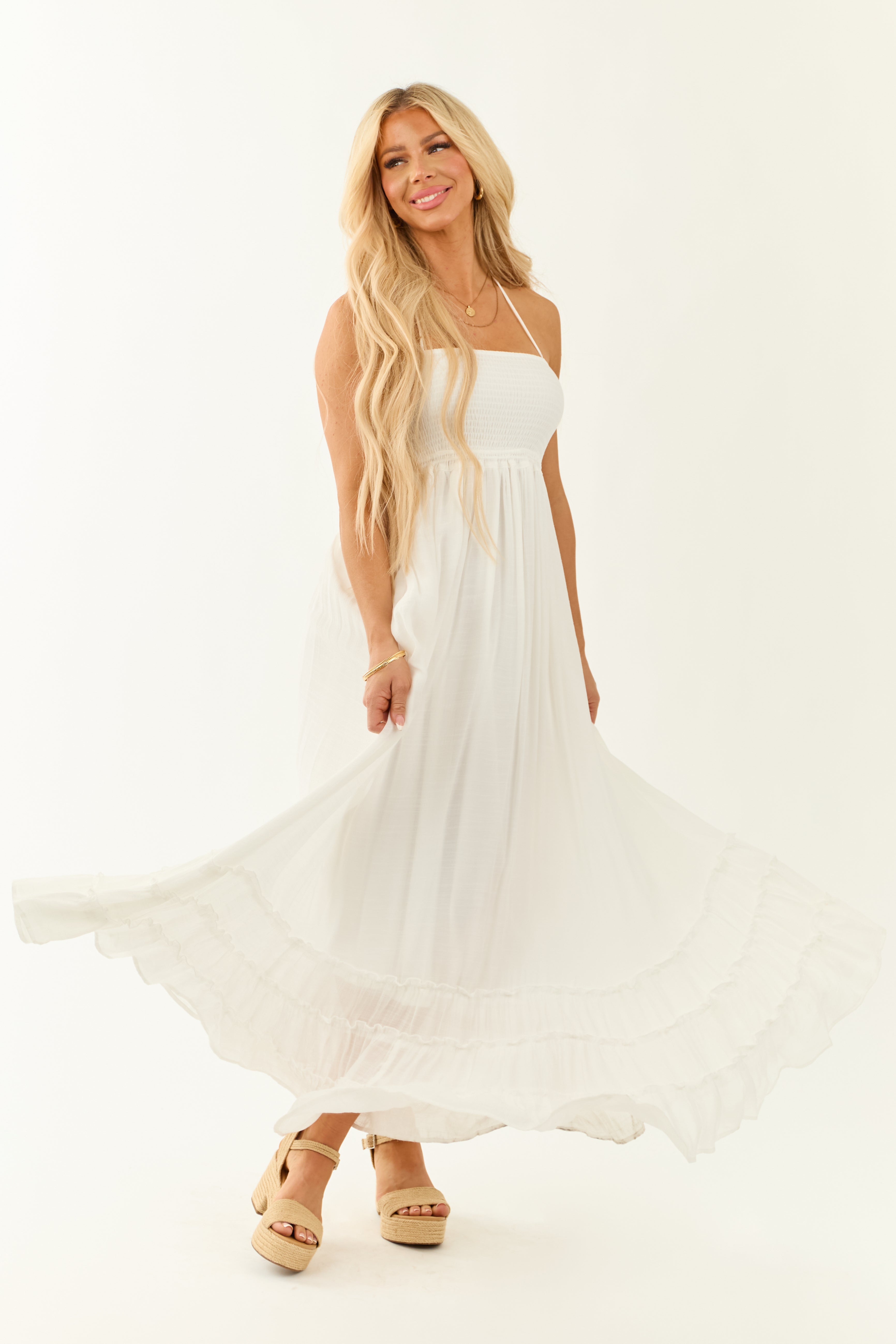 Off White Halter Neck Tiered Flowy Maxi Dress