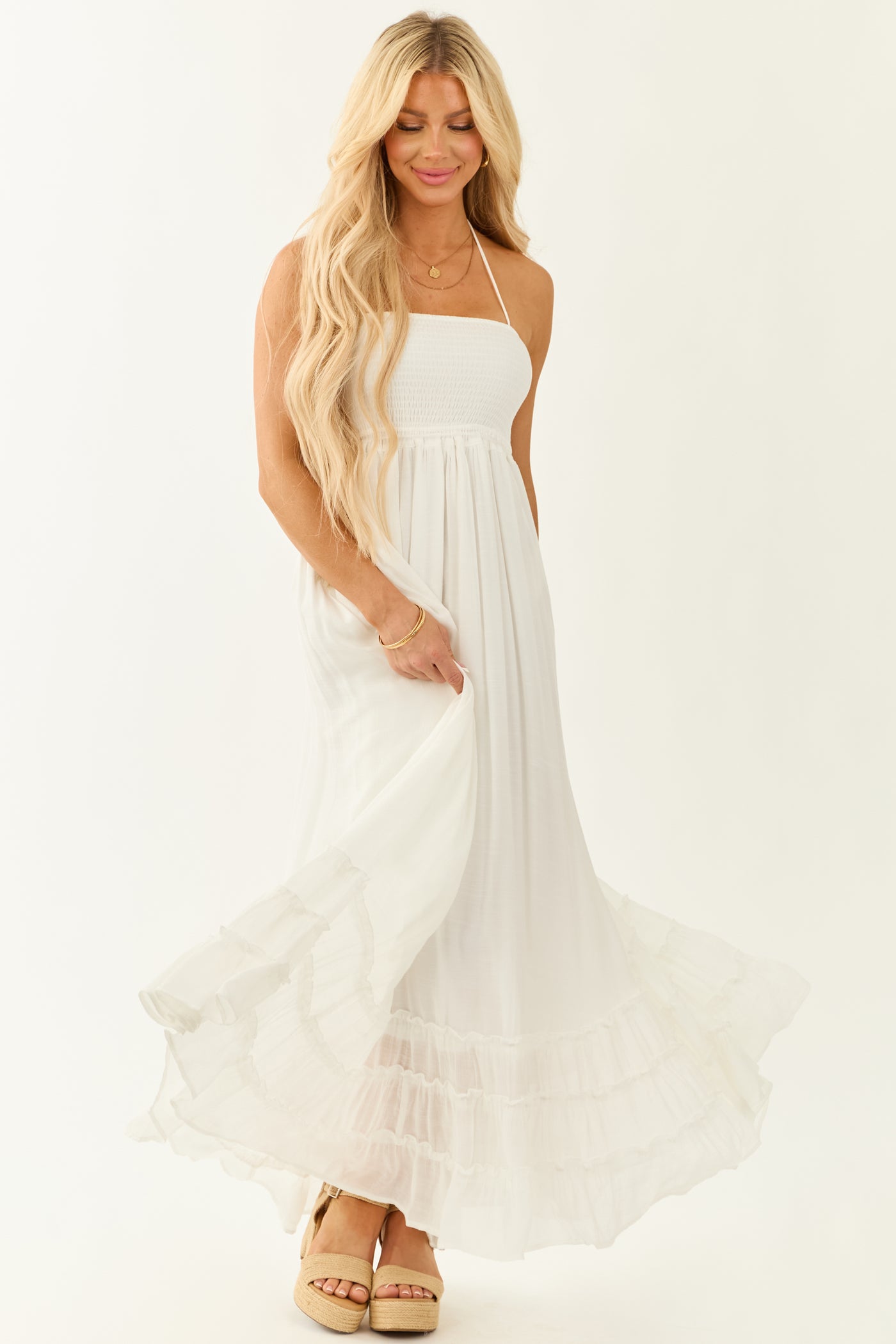 Off White Halter Neck Tiered Flowy Maxi Dress