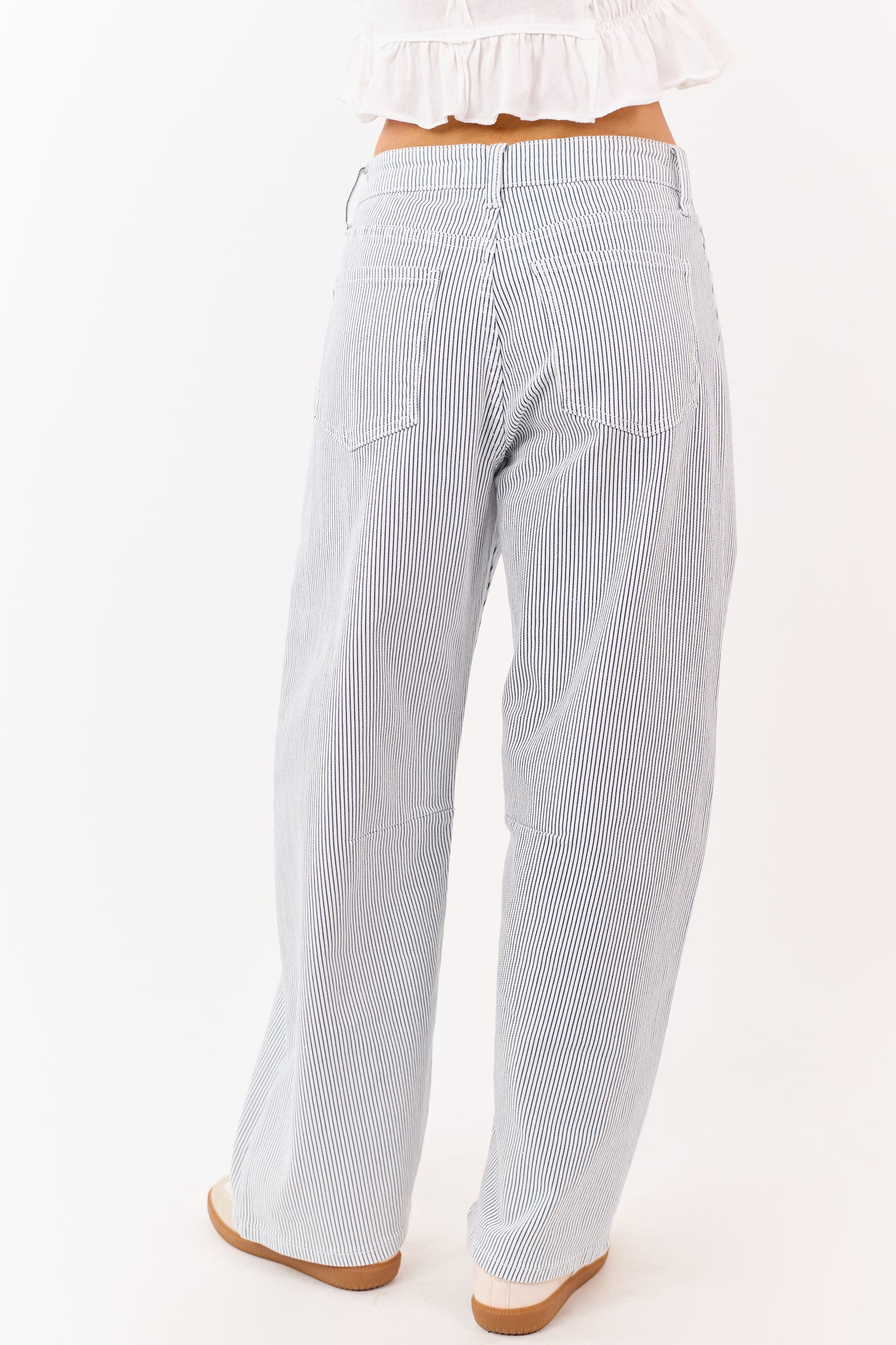 Off White High Rise Railroad Stripe Stretchy Barrel Jeans