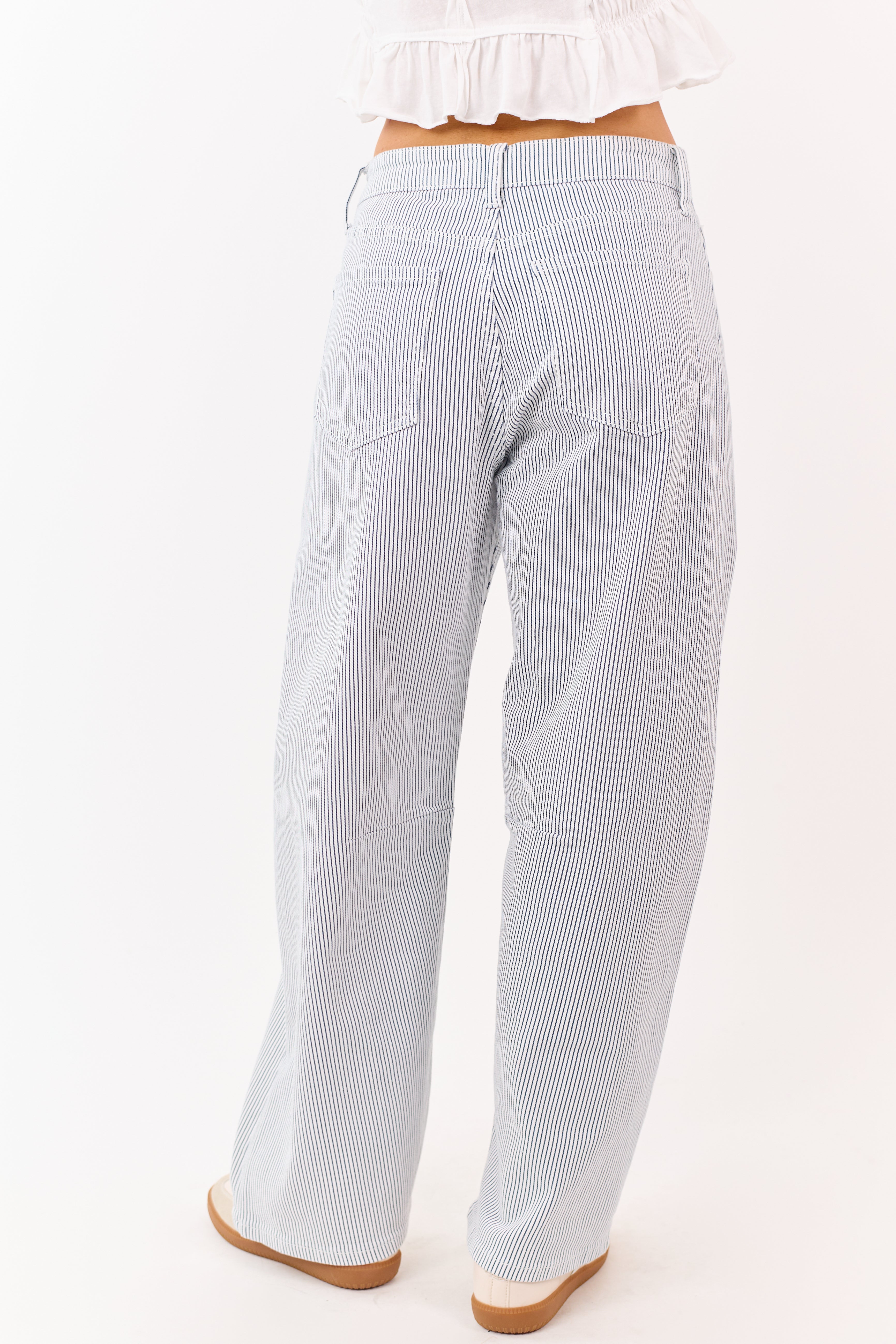 Off White High Rise Railroad Stripe Stretchy Barrel Jeans