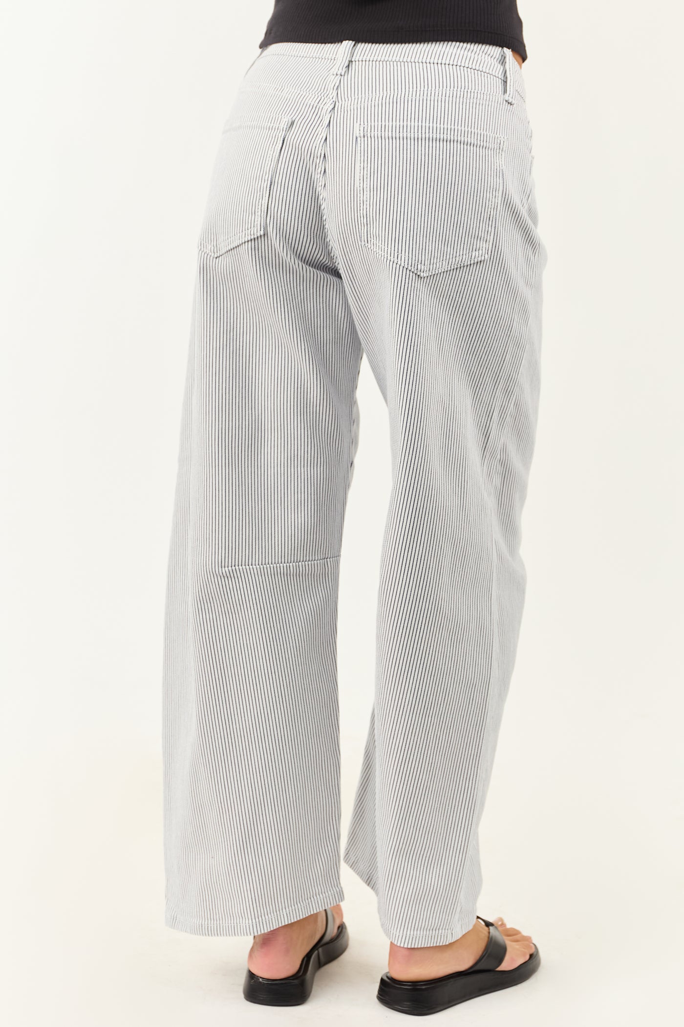 Off White High Rise Railroad Stripe Stretchy Barrel Jeans
