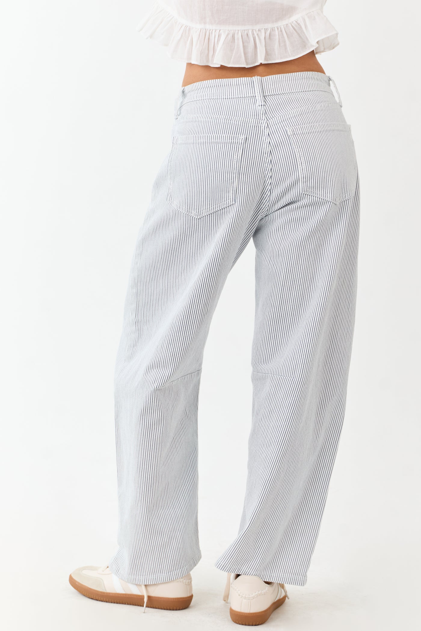 Off White High Rise Railroad Stripe Stretchy Barrel Jeans