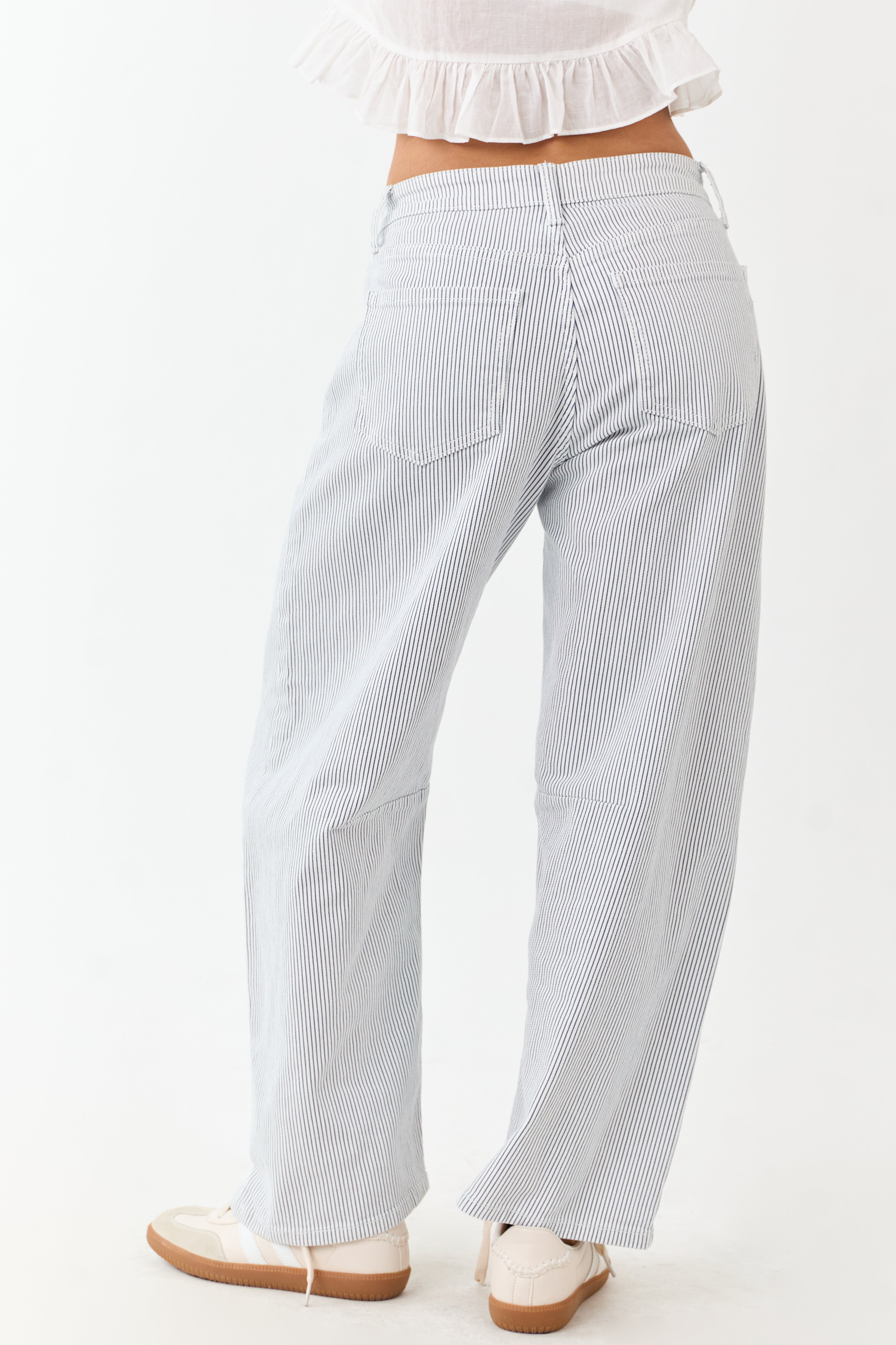 Off White High Rise Railroad Stripe Stretchy Barrel Jeans