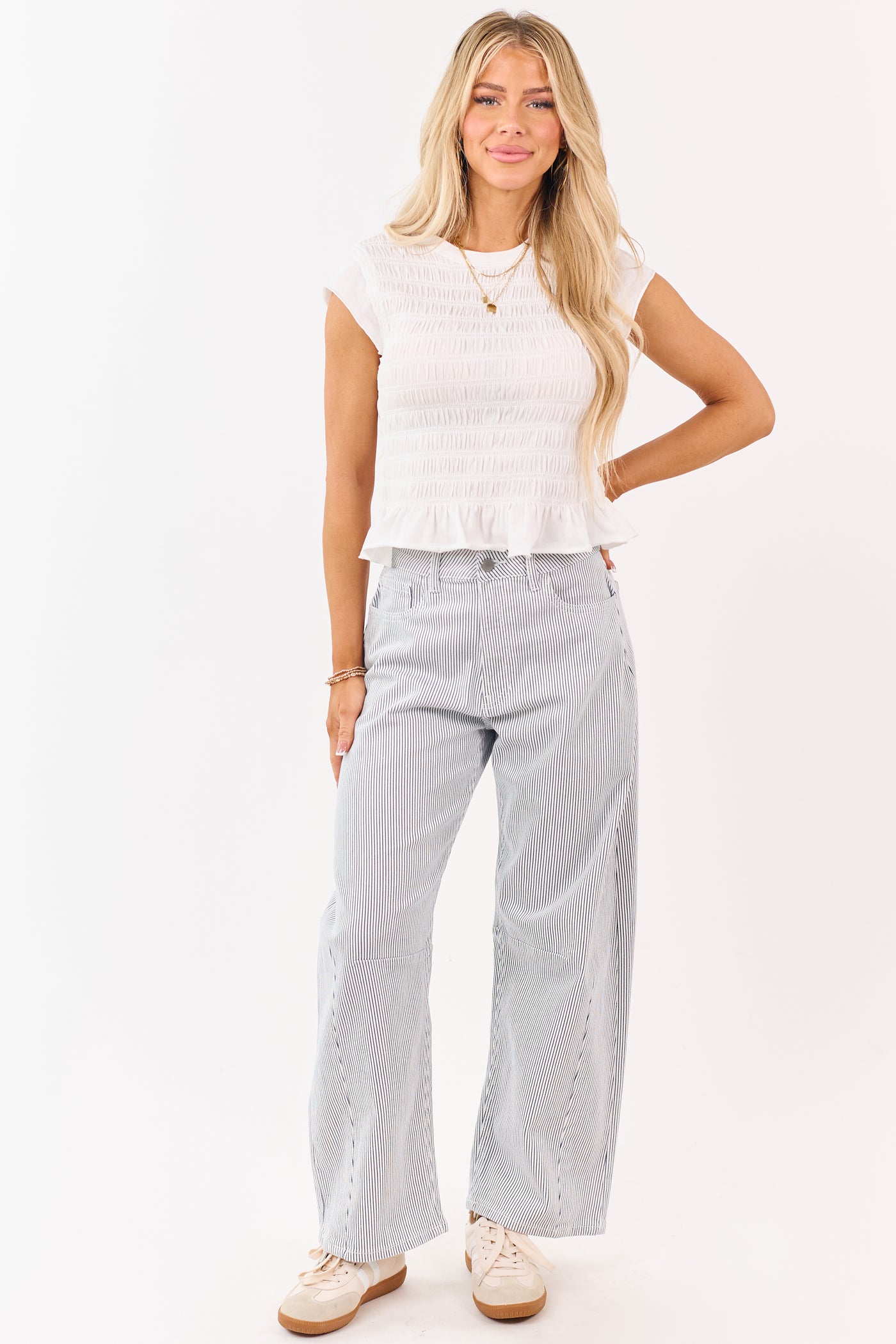 Off White High Rise Railroad Stripe Stretchy Barrel Jeans