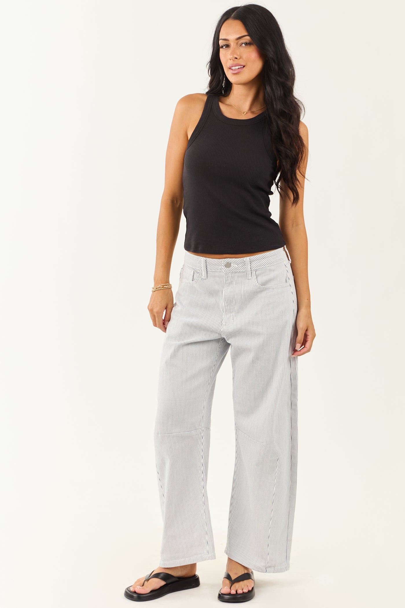 Off White High Rise Railroad Stripe Stretchy Barrel Jeans