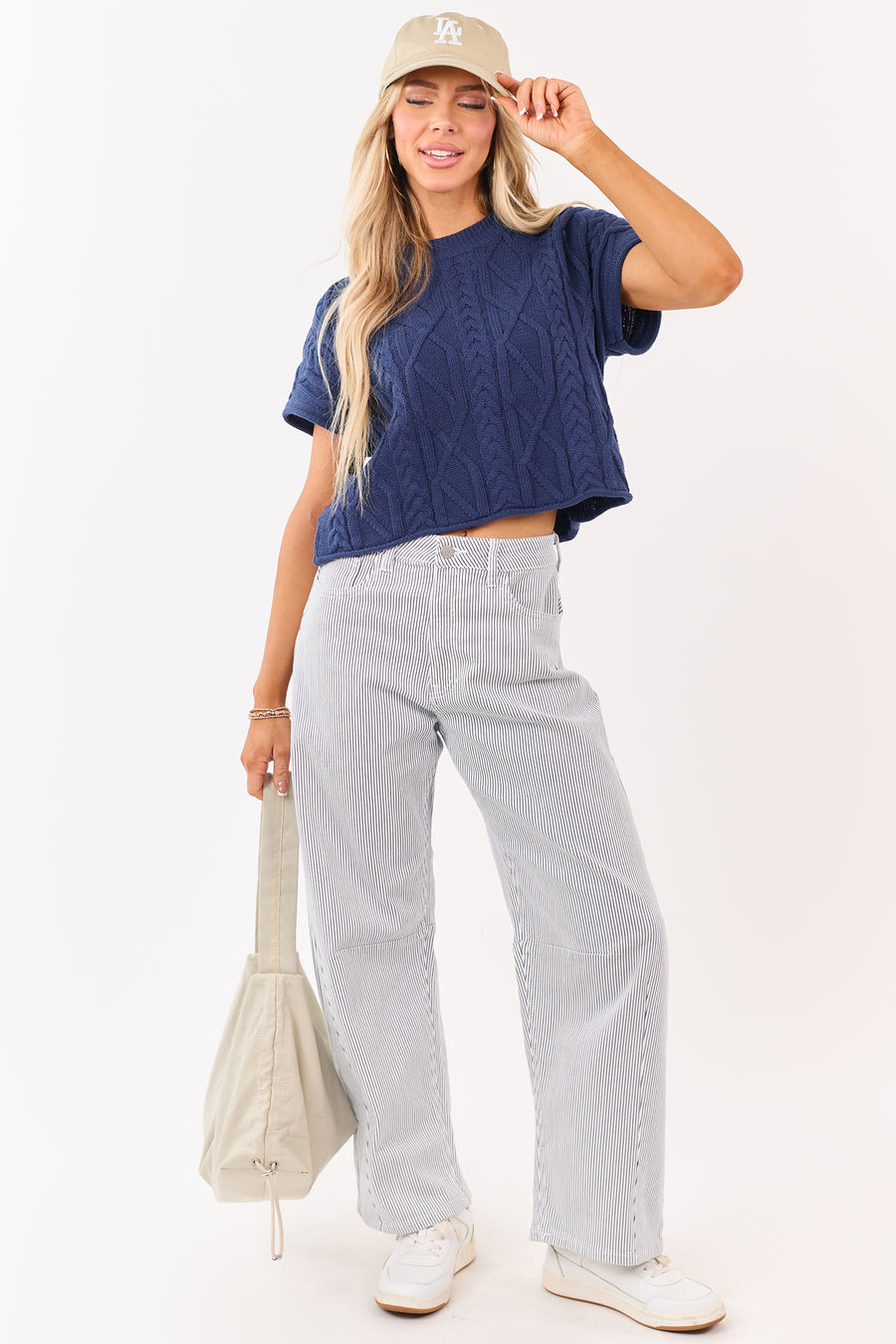 Off White High Rise Railroad Stripe Stretchy Barrel Jeans