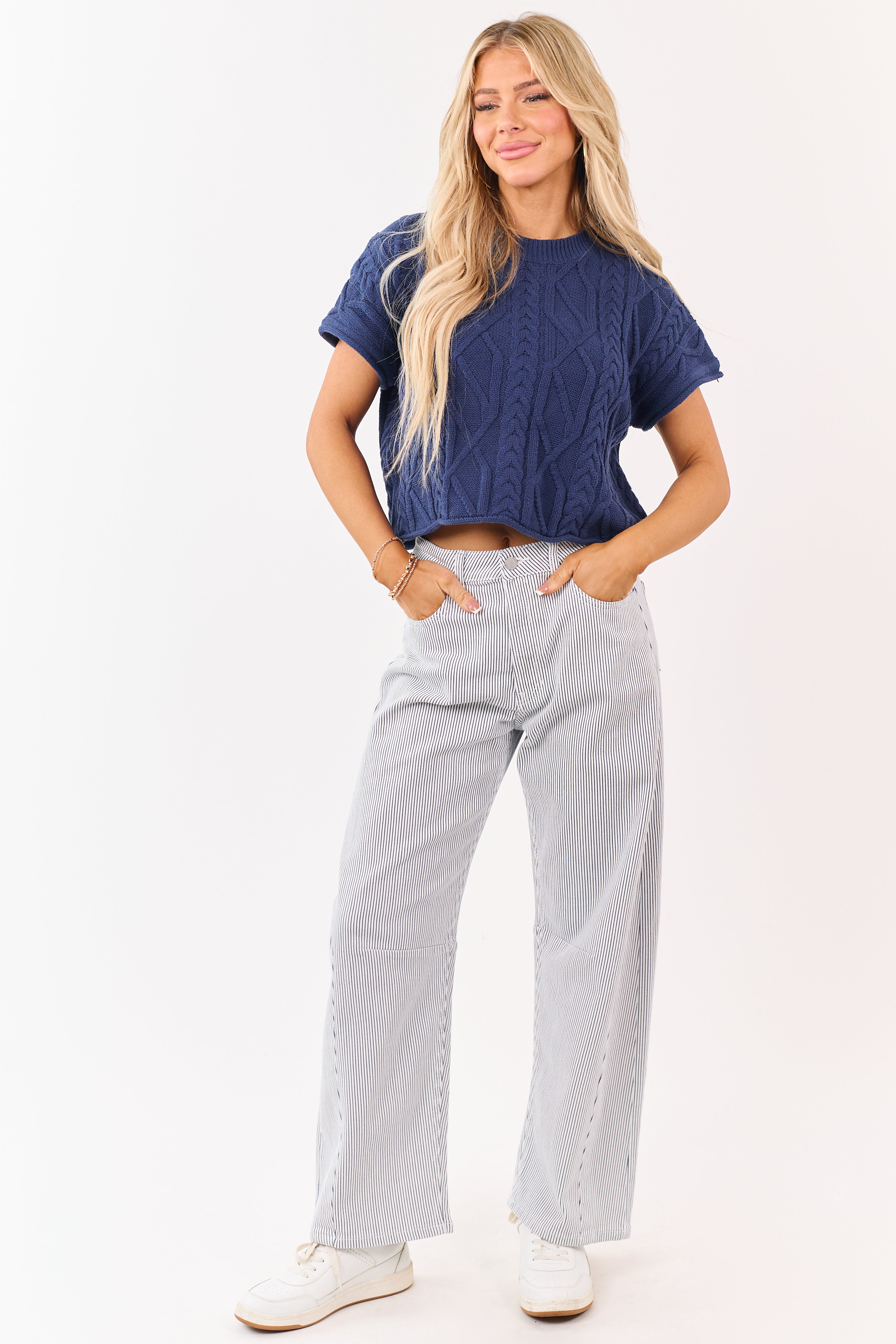 Off White High Rise Railroad Stripe Stretchy Barrel Jeans