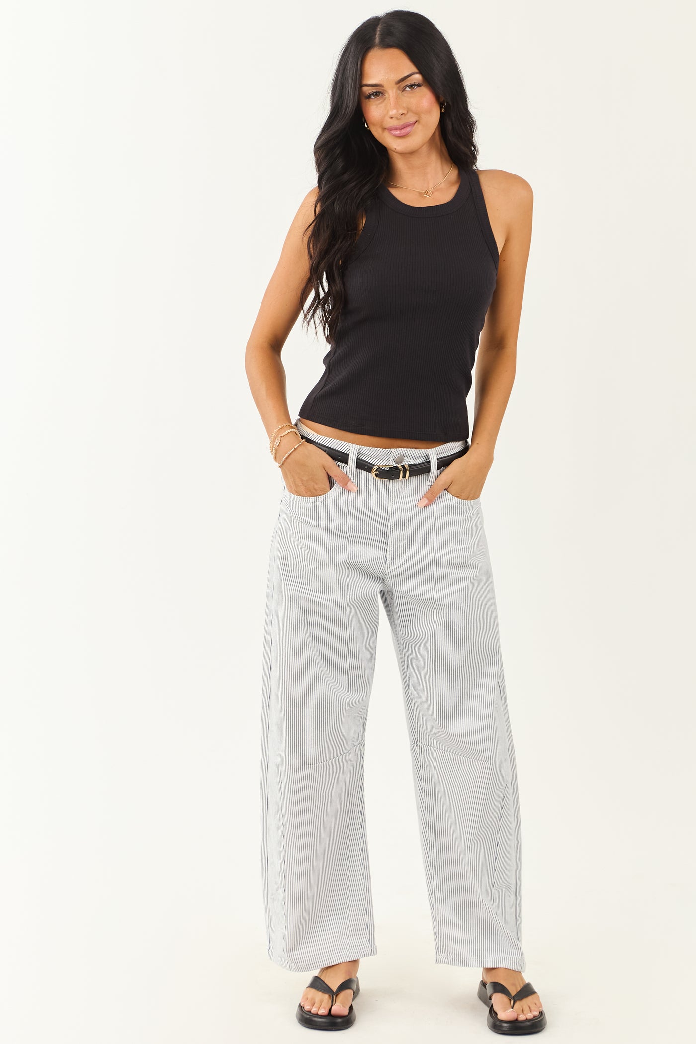 Off White High Rise Railroad Stripe Stretchy Barrel Jeans