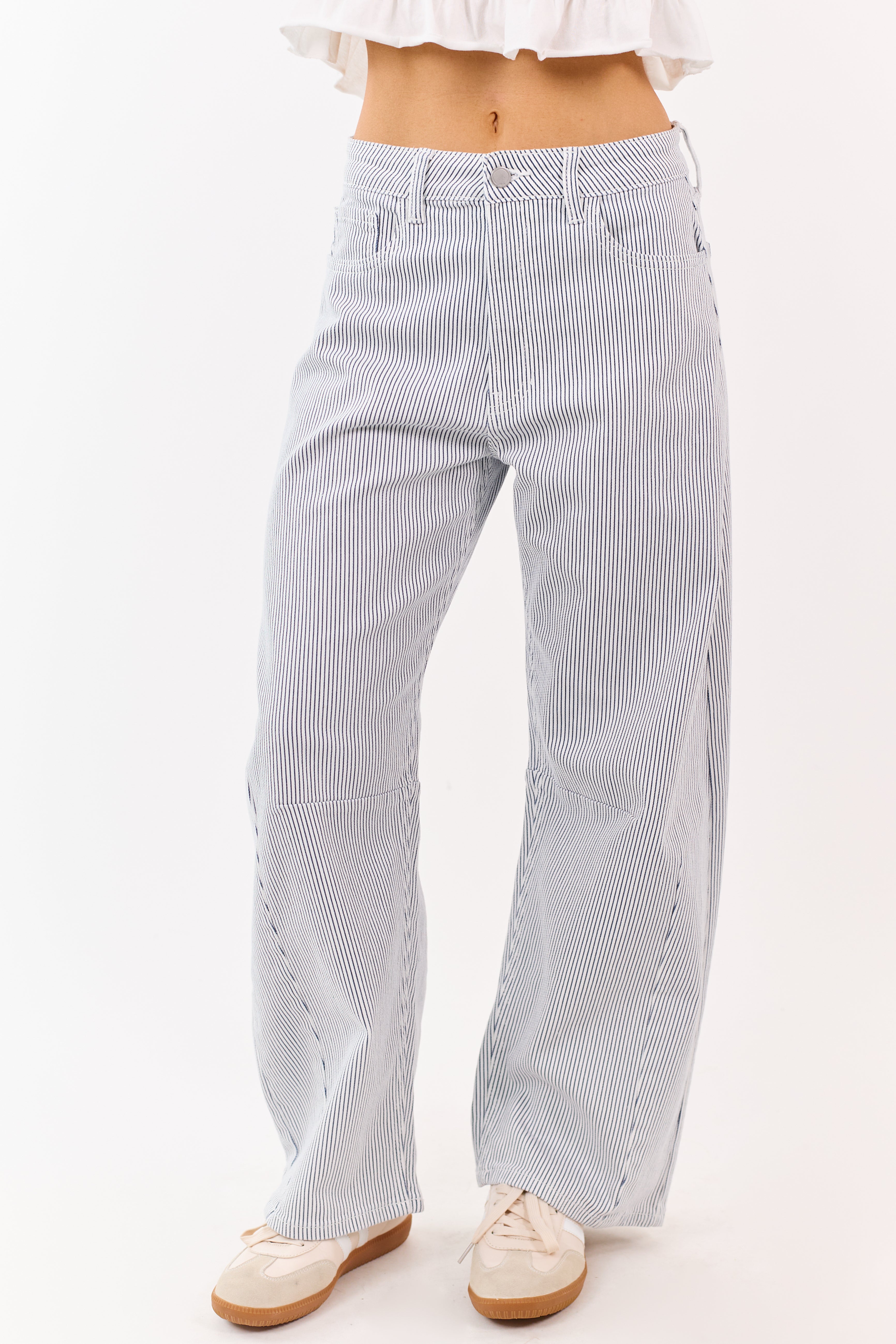 Off White High Rise Railroad Stripe Stretchy Barrel Jeans