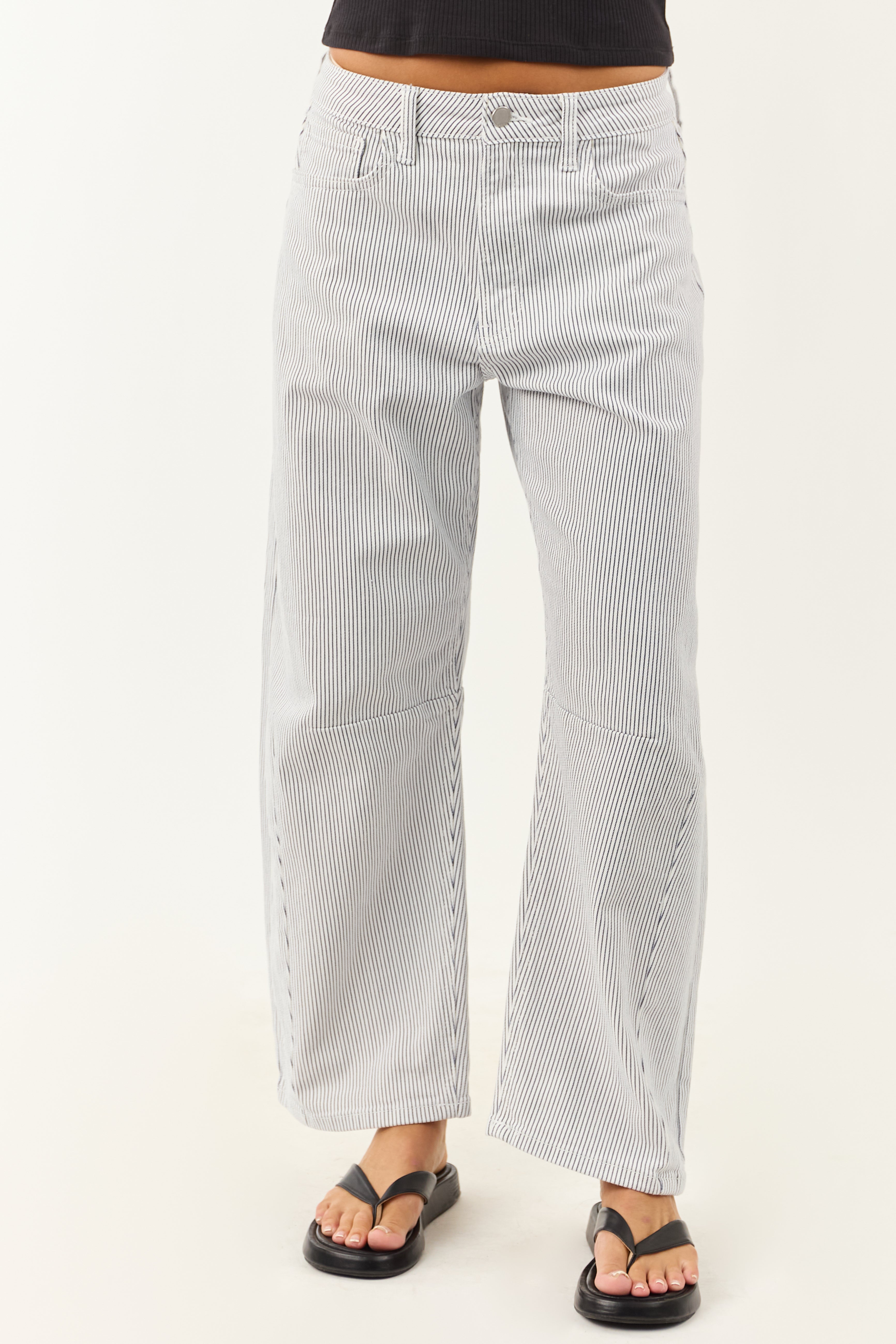 Off White High Rise Railroad Stripe Stretchy Barrel Jeans